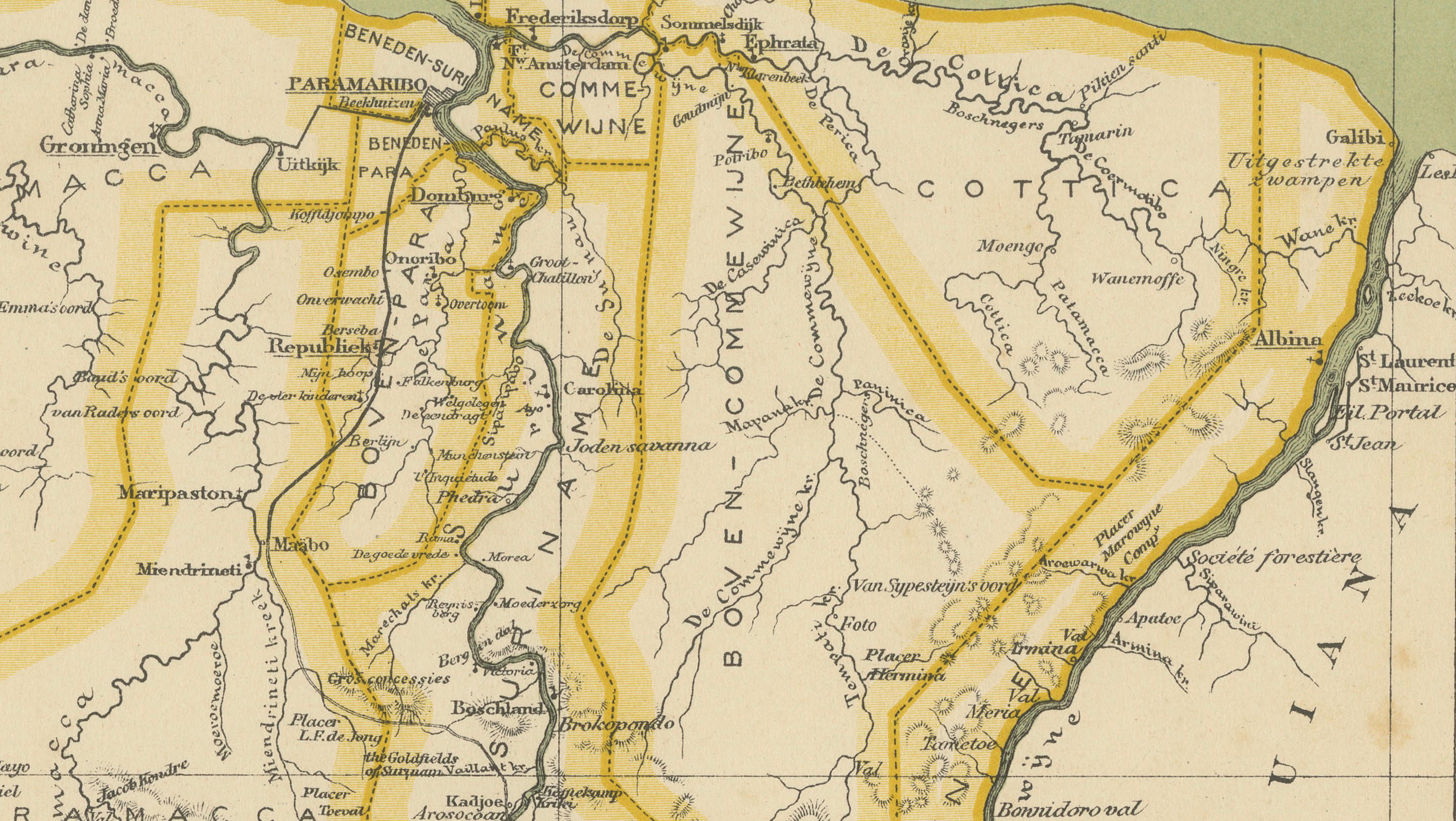 Suriname – Antique Dutch Colonial Map with Districts and Paramaribo Inset, 1905
