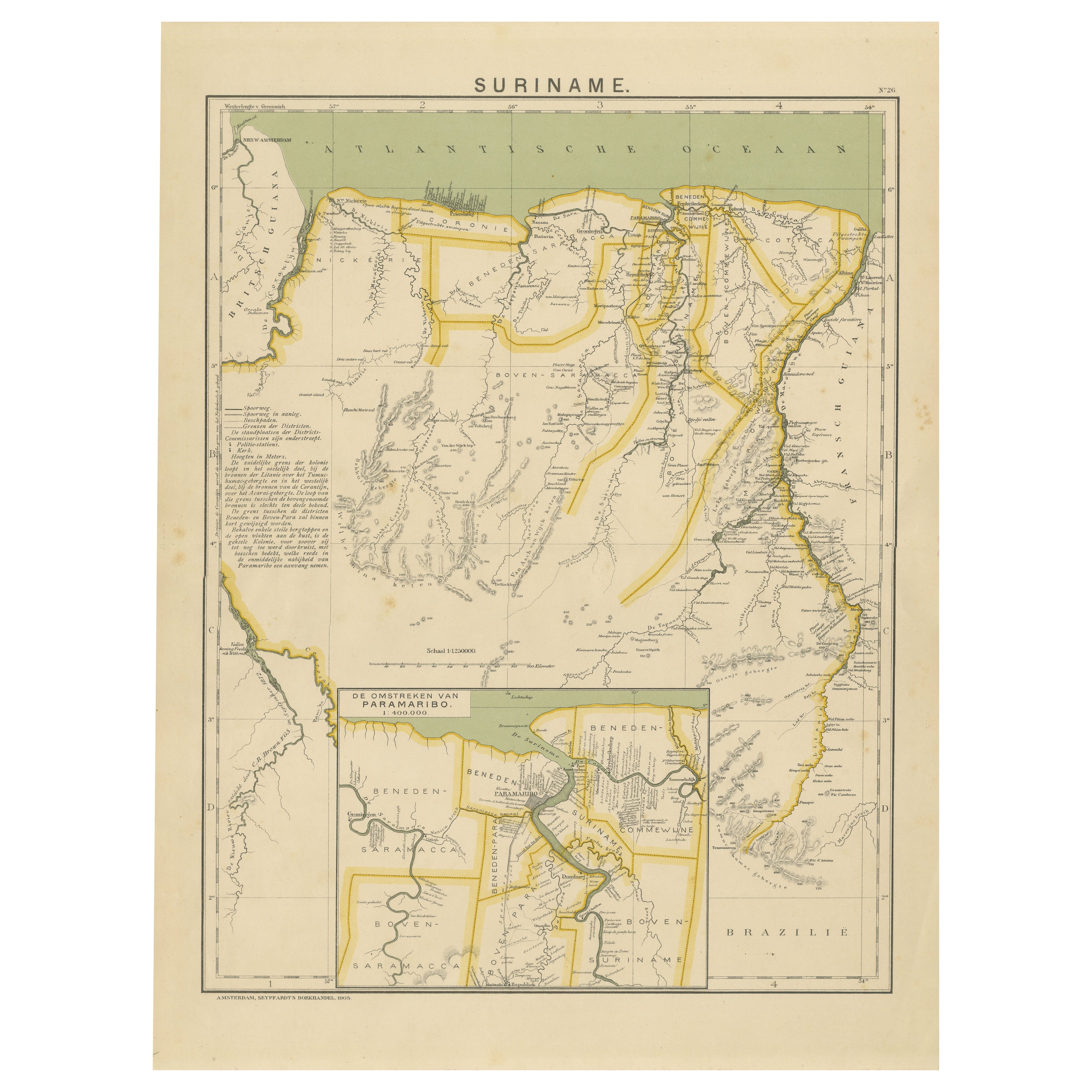 Suriname – Antique Dutch Colonial Map with Districts and Paramaribo Inset, 1905 For Sale