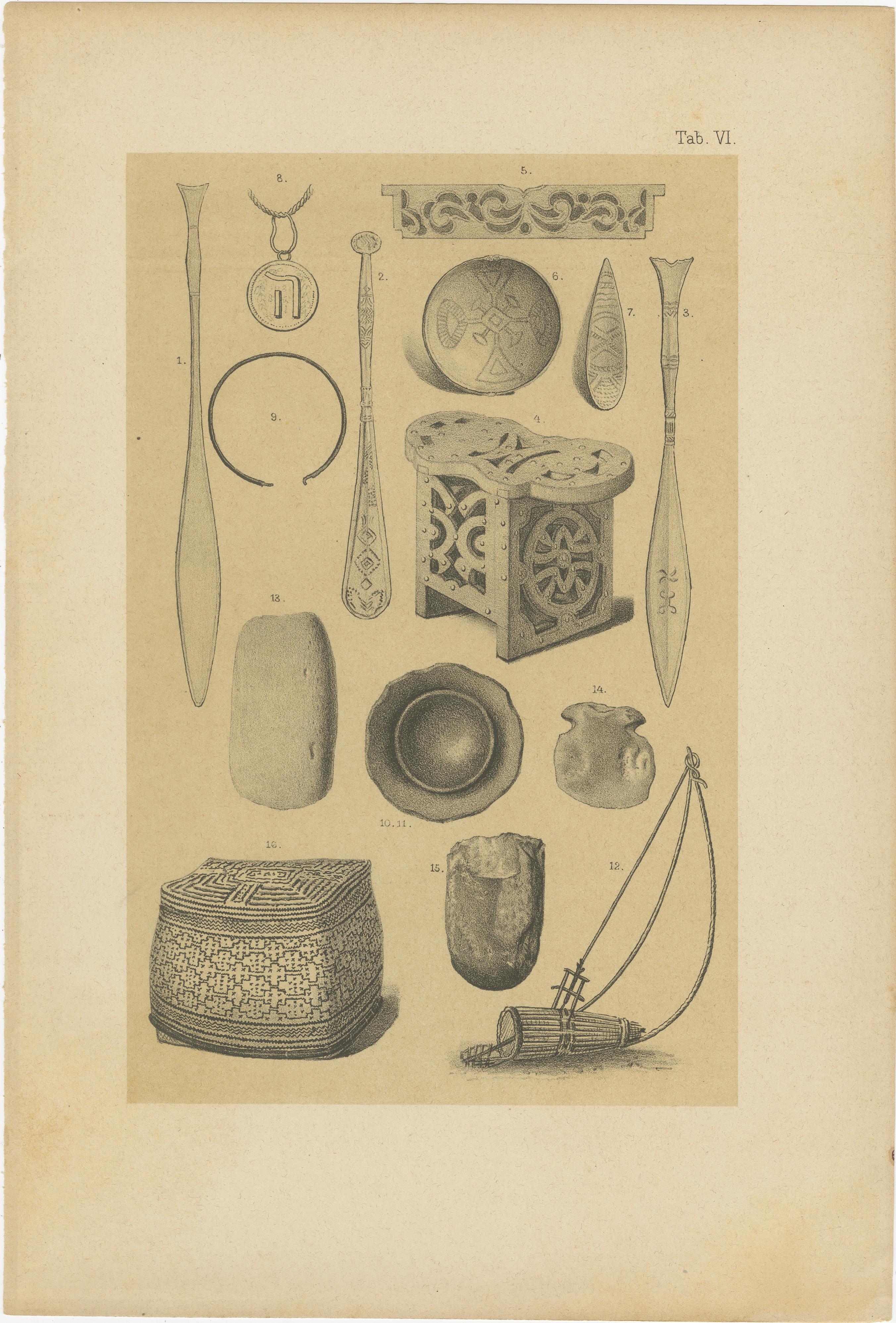 Suriname Indigenous People & Tribal Objects - Ethnographic Lithographs 1888 Bon état - En vente à Langweer, NL