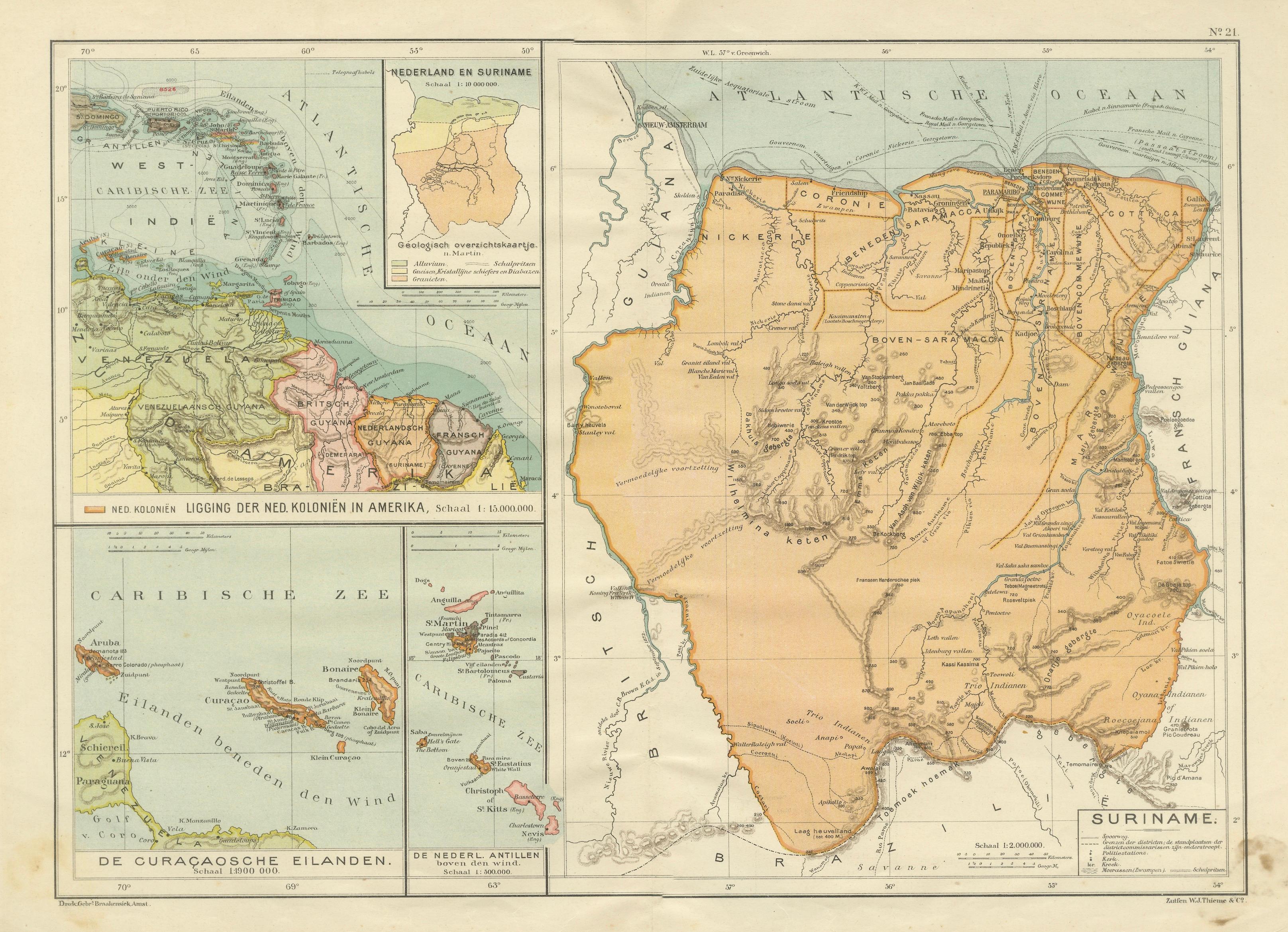 Suriname & the Dutch Antilles – Colonial Atlas Map by W.J. Thieme, c.1905