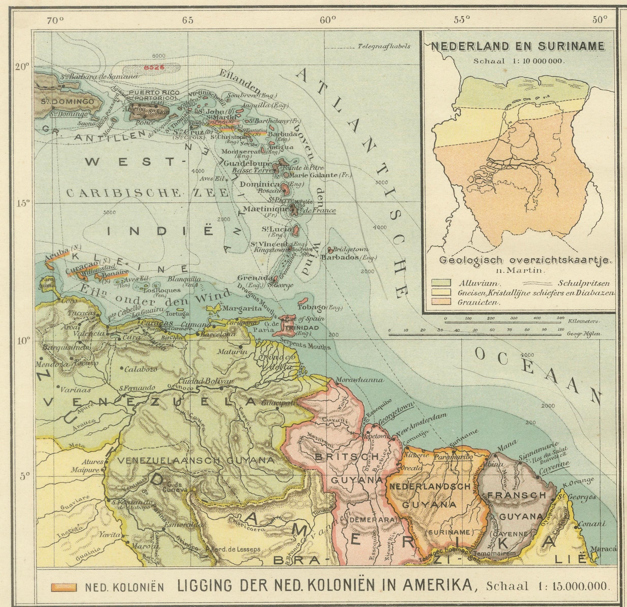 Suriname & the Dutch Antilles – Colonial Atlas Map by W.J. Thieme, c.1905