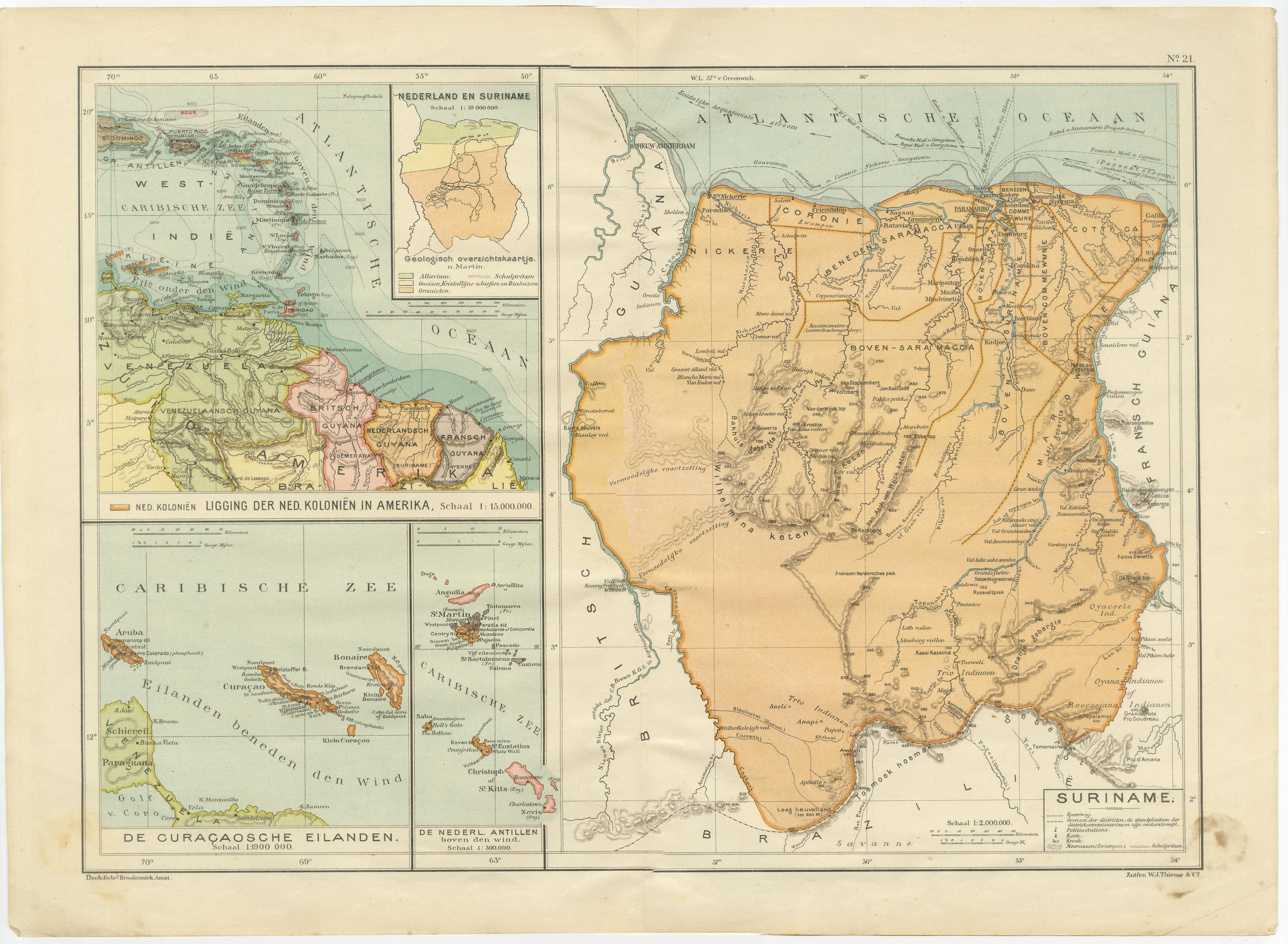 Suriname & the Dutch Antilles – Colonial Atlas Map by W.J. Thieme, c.1905 For Sale