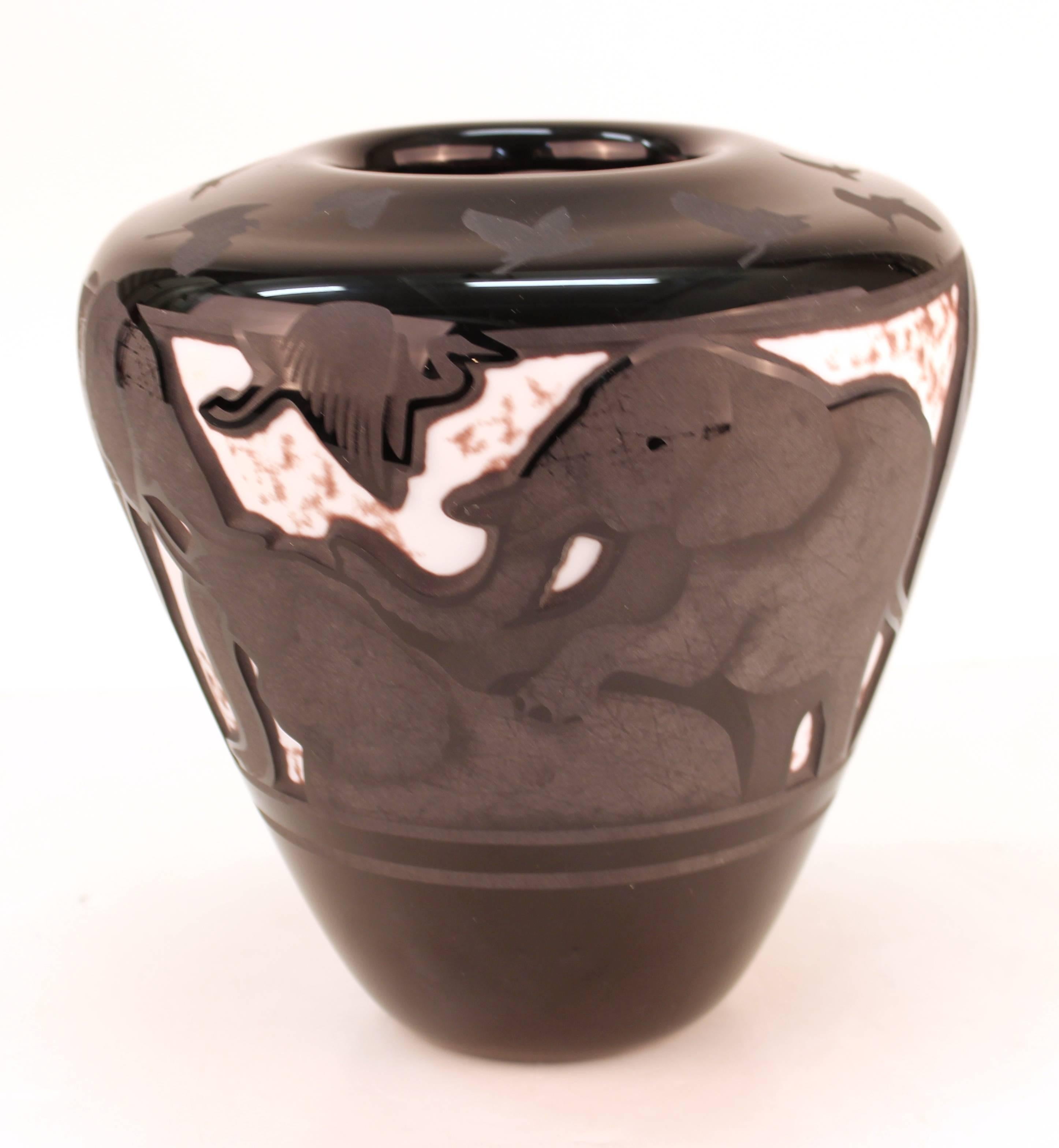Post-Modern Surjan Cameo Glass Vase with Elephant Motif