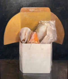 Surprise Box - Still Life of Seashells Peaking Out of a Cake Box, Oil on Panel