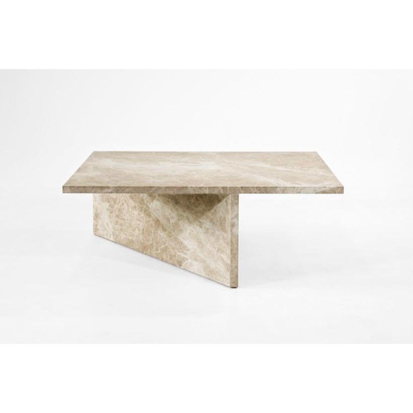 Surpriced by Joy coffee table by Claste 
Dimensions: D 137.2 x W 91.5 x H 38 cm
Material: Marble
Weight: 330 kg
Also vailable in two standard sizes.

This all marble table offsets a rectangular top over a triangular base creating a piece that