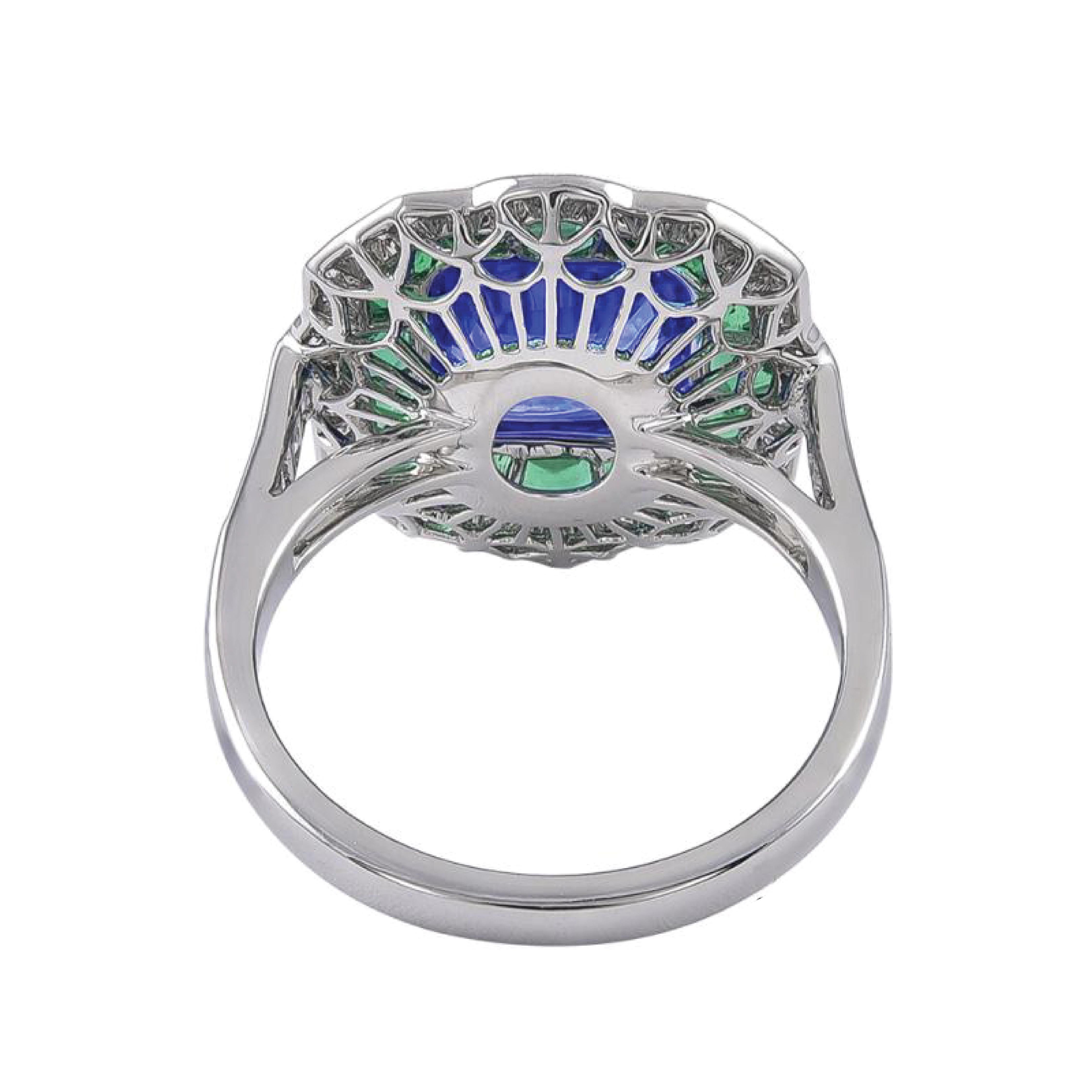 Cushion Cut Sophia D. Art Deco Inspired Ring with Sapphire, Emerald and Diamond For Sale