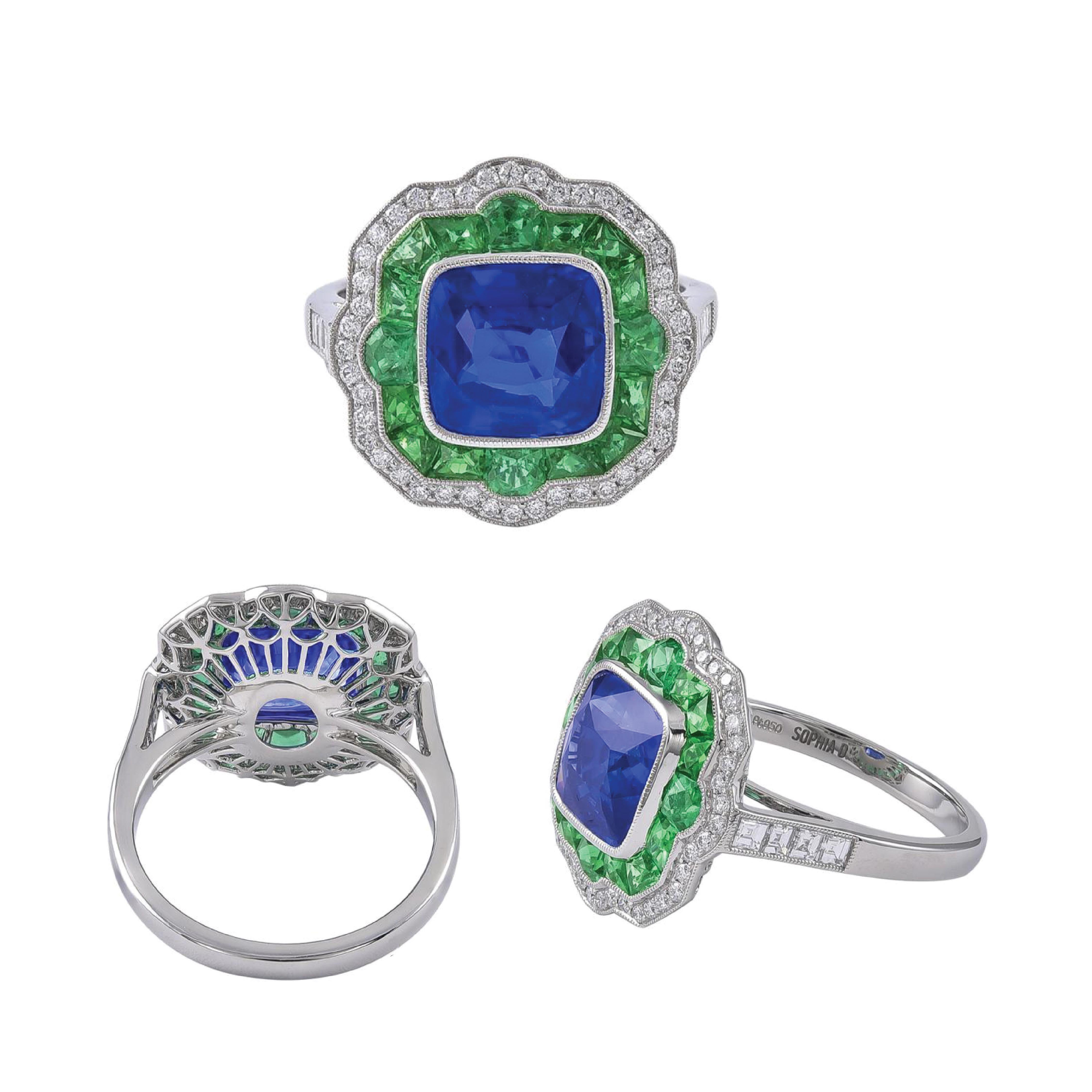 Sophia D. Art Deco Inspired Ring with Sapphire, Emerald and Diamond In New Condition For Sale In New York, NY