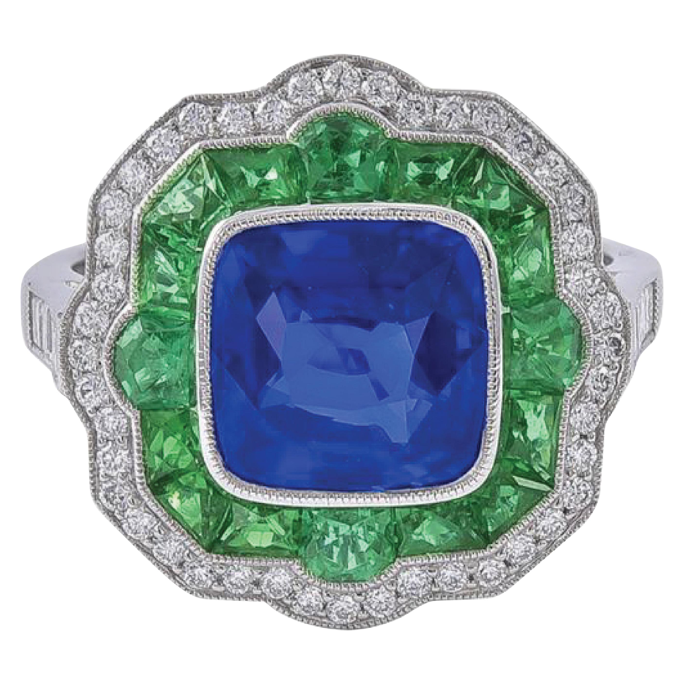 Sophia D. Art Deco Inspired Ring with Sapphire, Emerald and Diamond For Sale