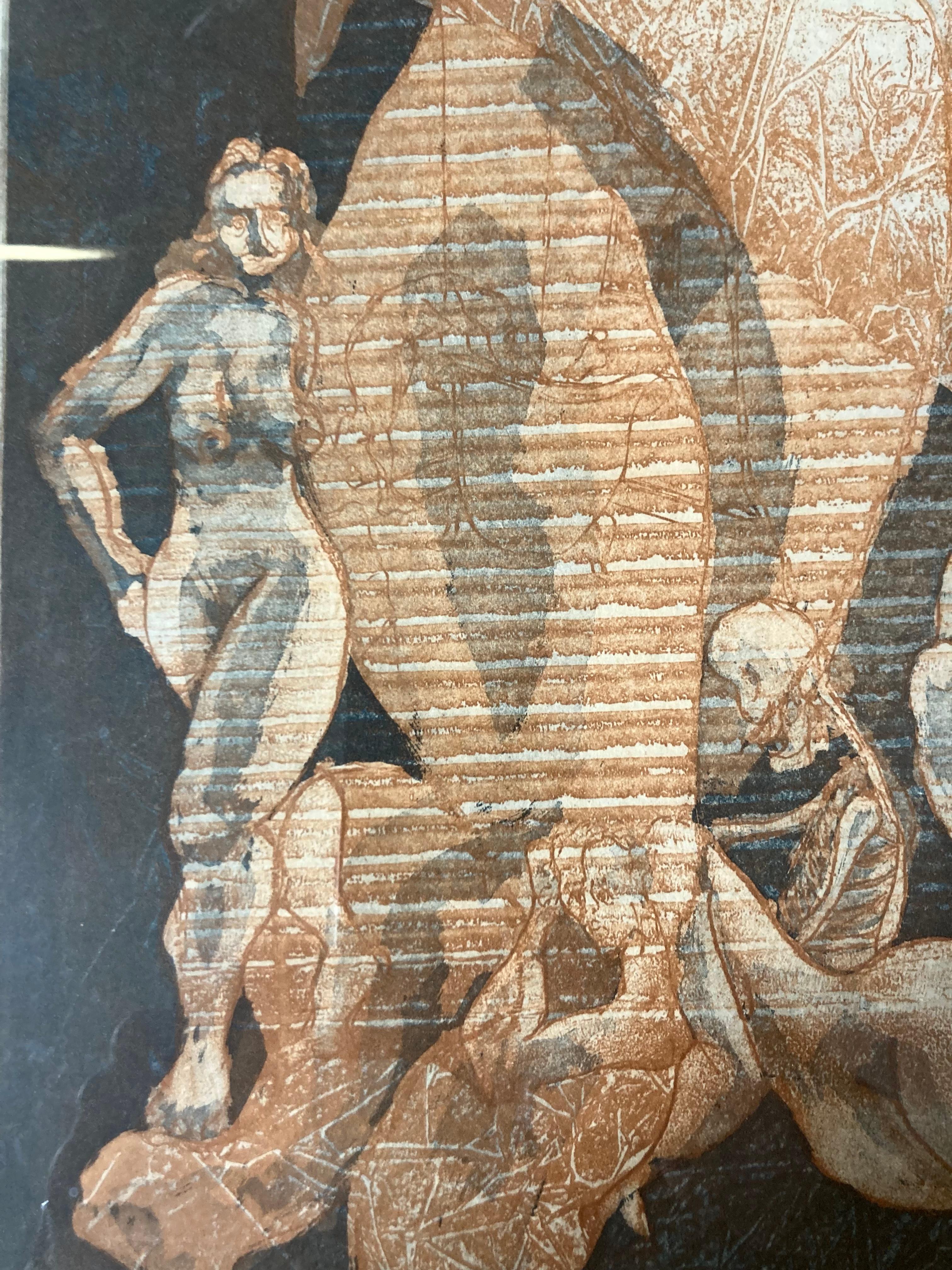 A large signed and striking Artist’s  proof lithograph with a Surreal and Dreamlike composition. A central large standing Nude female amidst other nudes in the act of standing, reclining and sitting. One skeleton sits in a corner while another