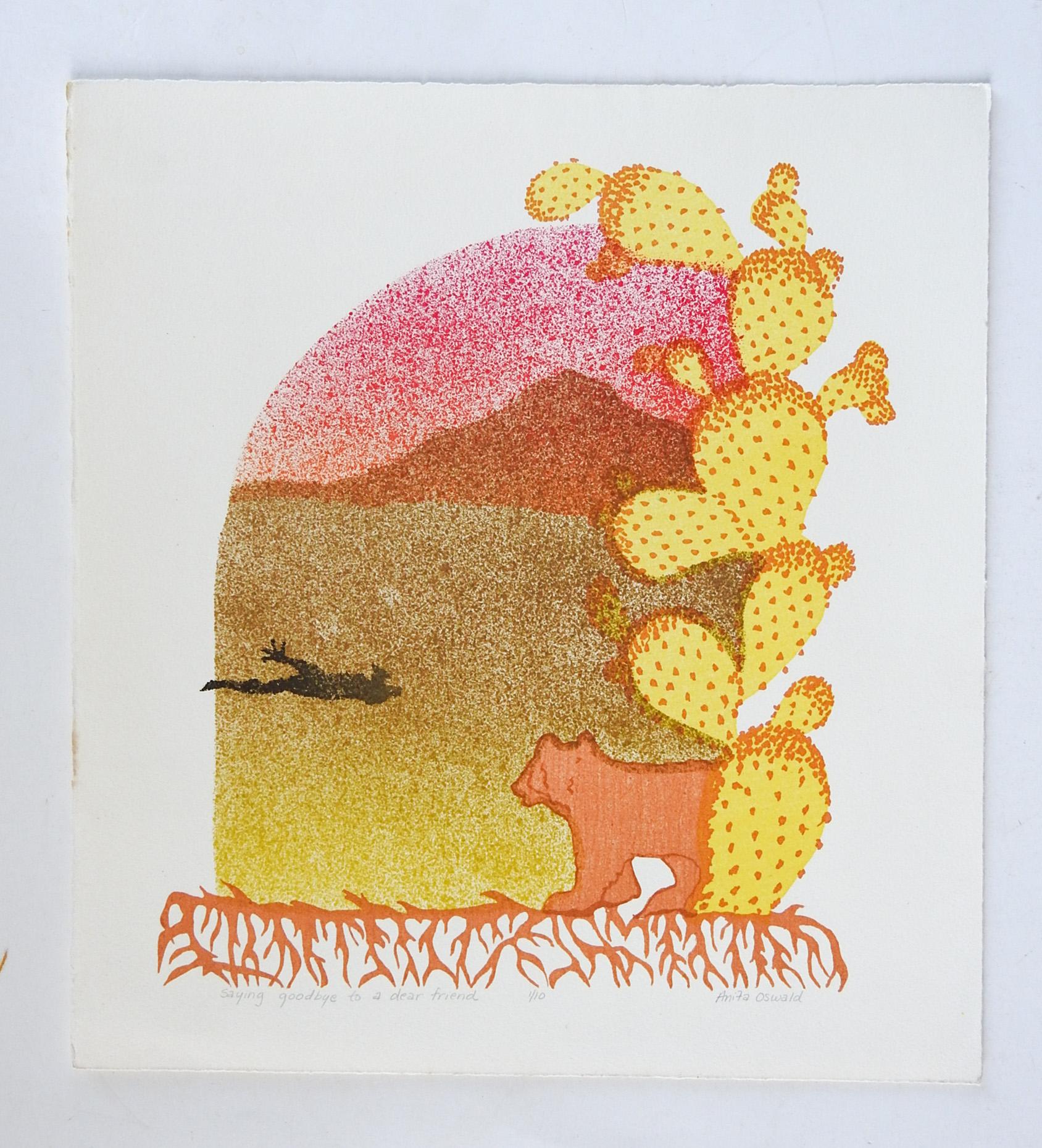 American Surreal Bear, Cactus, Pink & Yellow Landscape Serigraph