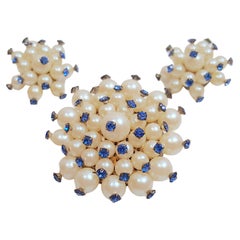 Elsa Schiaparelli 1940s Couture Blue Crystal Wired Pearl Cluster Earrings/Brooch