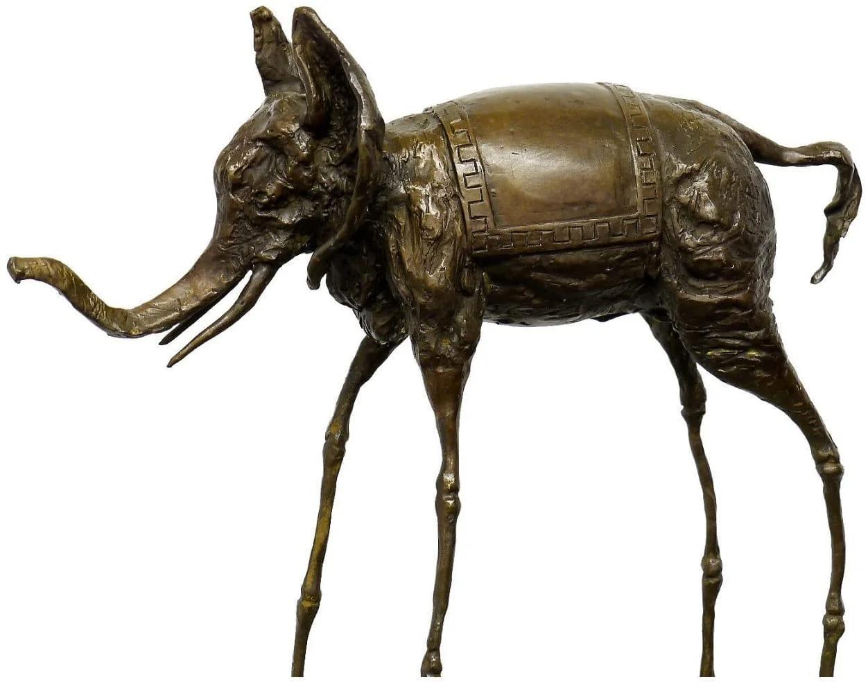 Space Elephant is a bronze sculpture inspired by Salvador Dalí, representing a surrealist elephant with elongated, slender legs and an obelisk on its back. The piece combines human imagination and dreamlike elements, reflecting Dalí’s surrealist