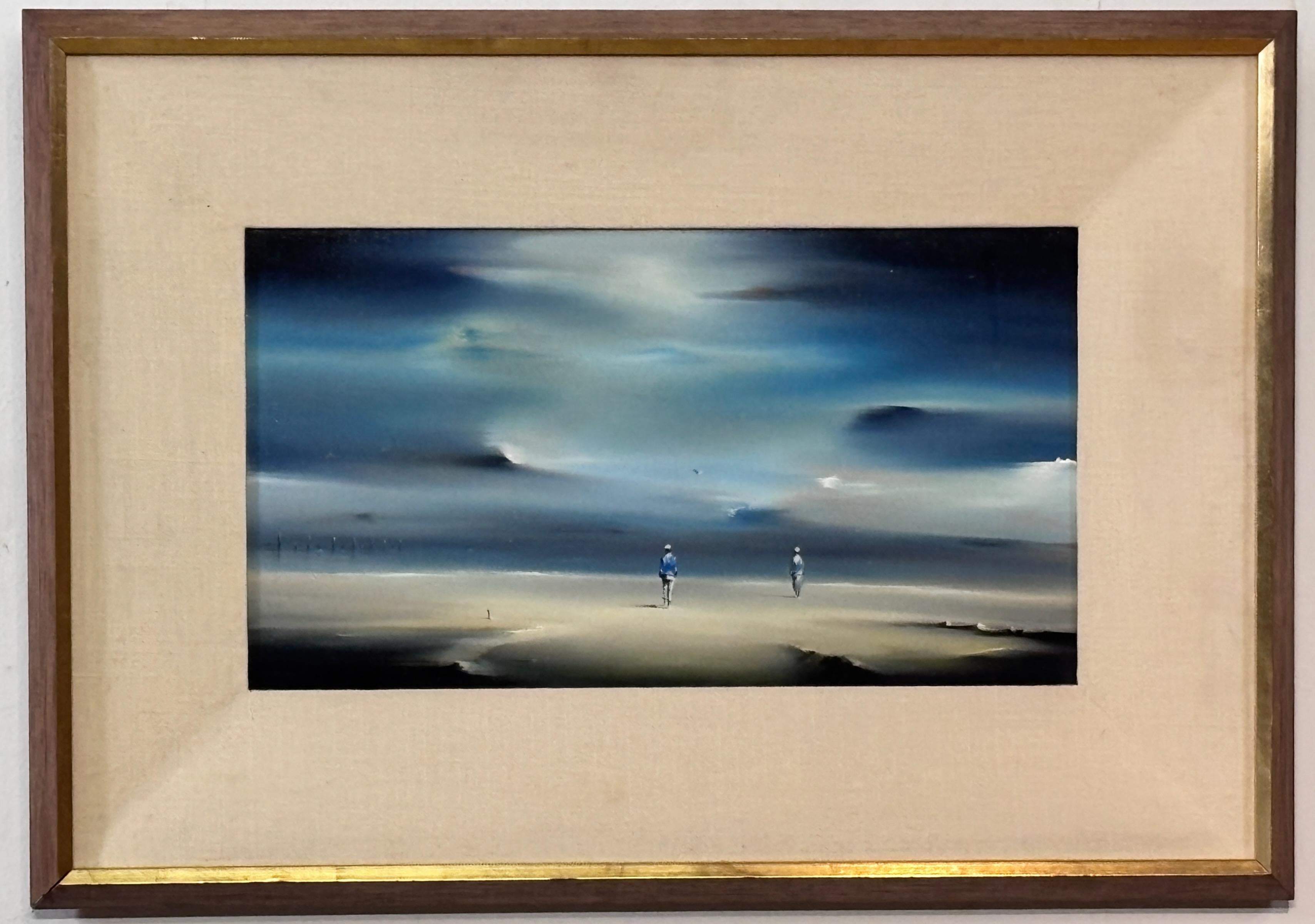 Framed Surrealist Seascape painting, oil on canvas with linen matting by California artist Robert Watson.
Titled #27 Shoreline.
Retains the original paper label from a San Francisco Gallery showing.

Robert Watson (1923 - 2004) was born in Martinez,