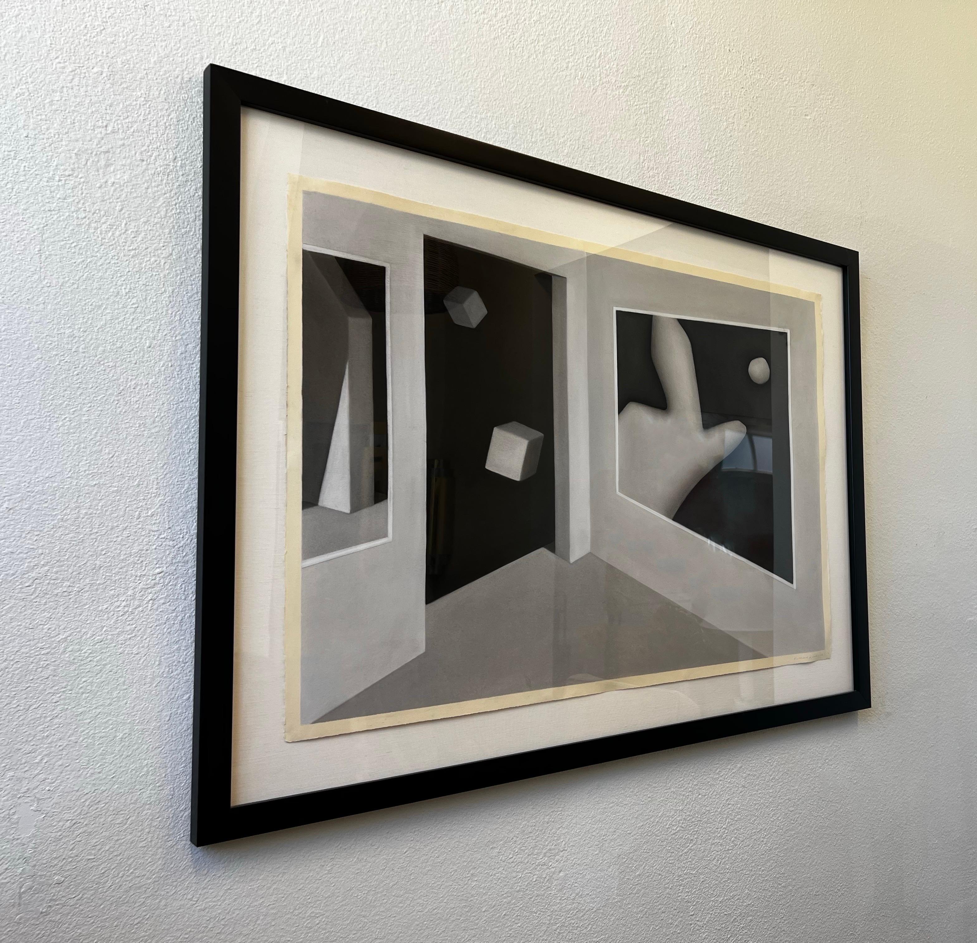 Großes 1986 Surrealistisches Kohlebild auf Papier des amerikanischen Künstlers Richard Parker. 

Bleistift signiert Richard G. Parker 1986 in der rechten unteren Ecke. 
Neu gerahmt mit einem schwarz lackierten Holzrahmen und UV-geschütztem Acryl.