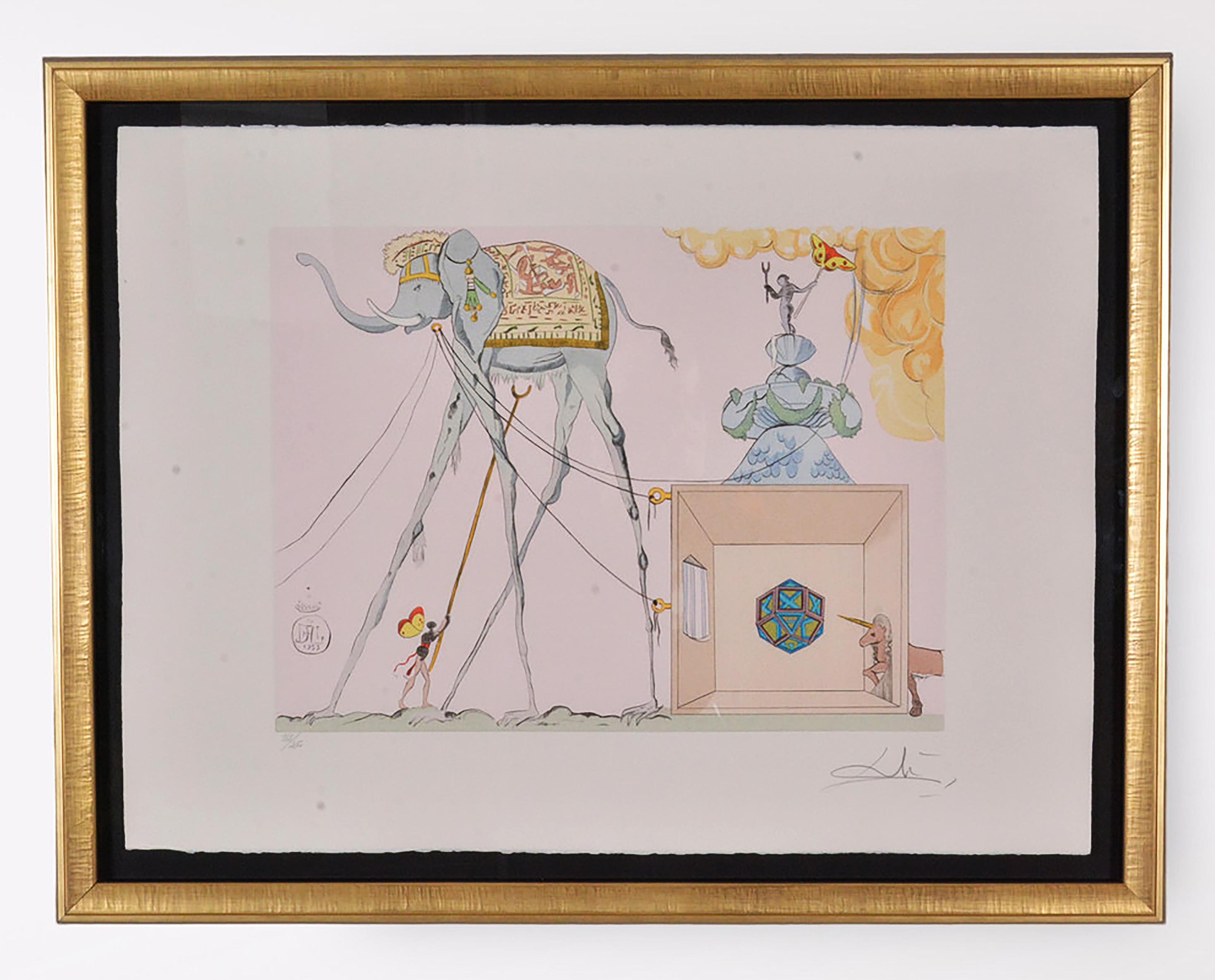 Salvador Dali nach Farbradierung surreale Zusammensetzung. Trägt die Signatur und die Nummer 162/250 ex. 39x52cm.
