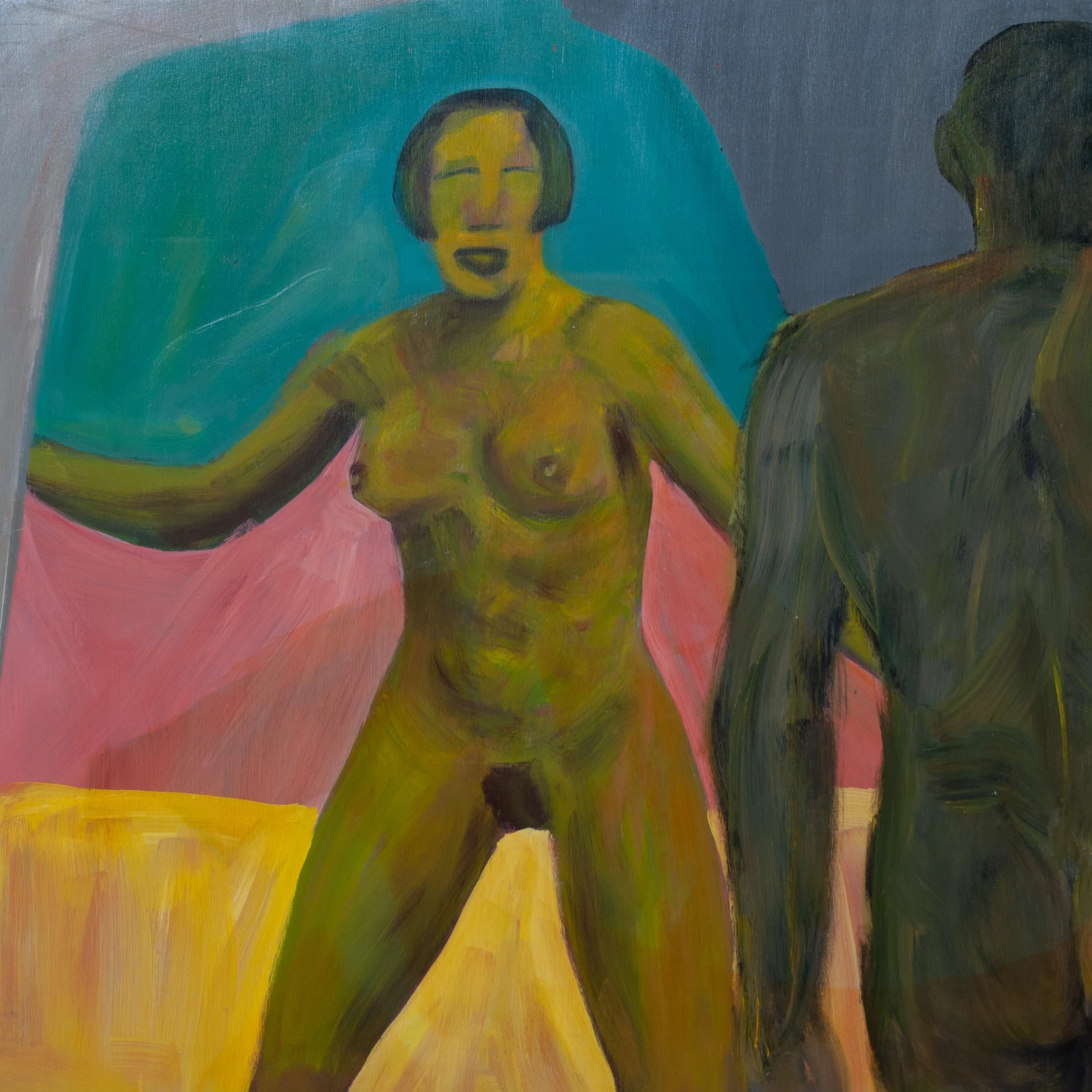 Ein großes Ölgemälde auf Sperrholzplatte des französischen Künstlers Roland Gautier. Eine surreale figurative Beobachtung der weiblichen form A, die einem männlichen Körper im Vordergrund gegenübersteht. Farbenfroh und plakativ mit einem Hauch von