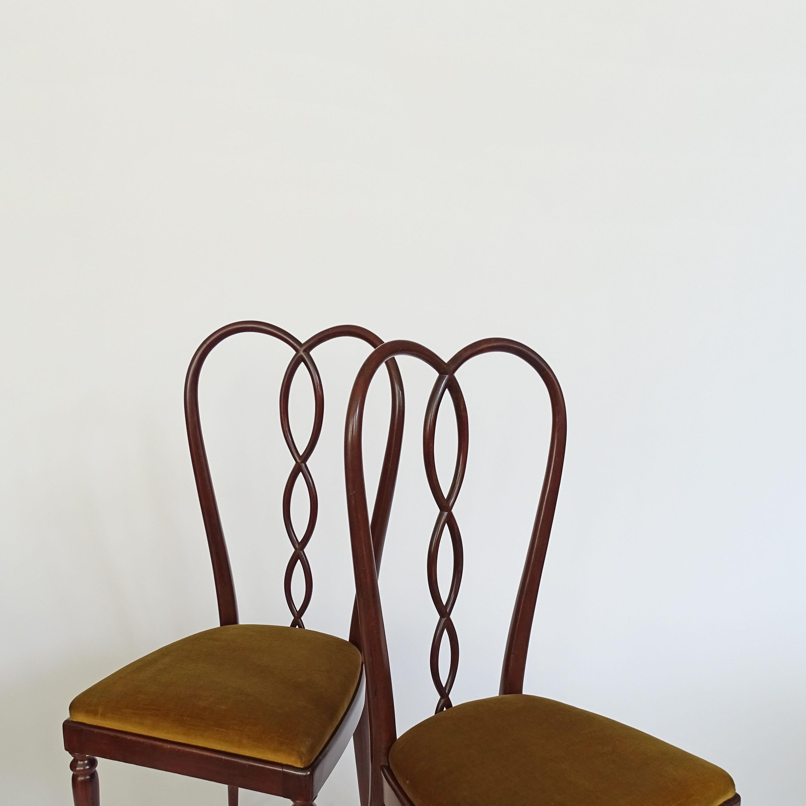 Surreal Pair of Italian 1940s Highback Chairs in Tinted Wood and Velvet 1
