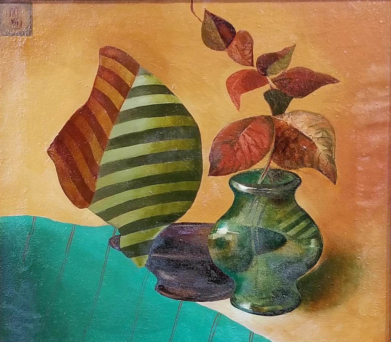 Fine surreal still life painting by Manya Vaptsarova in original frame, late 20th century. Canvas only measures 14.13 inches by 16 inches.

Manya Vaptsarova

Education
1986 Finished the Academy of Fine Arts in
 Sofia, Bulgaria with Diploma of