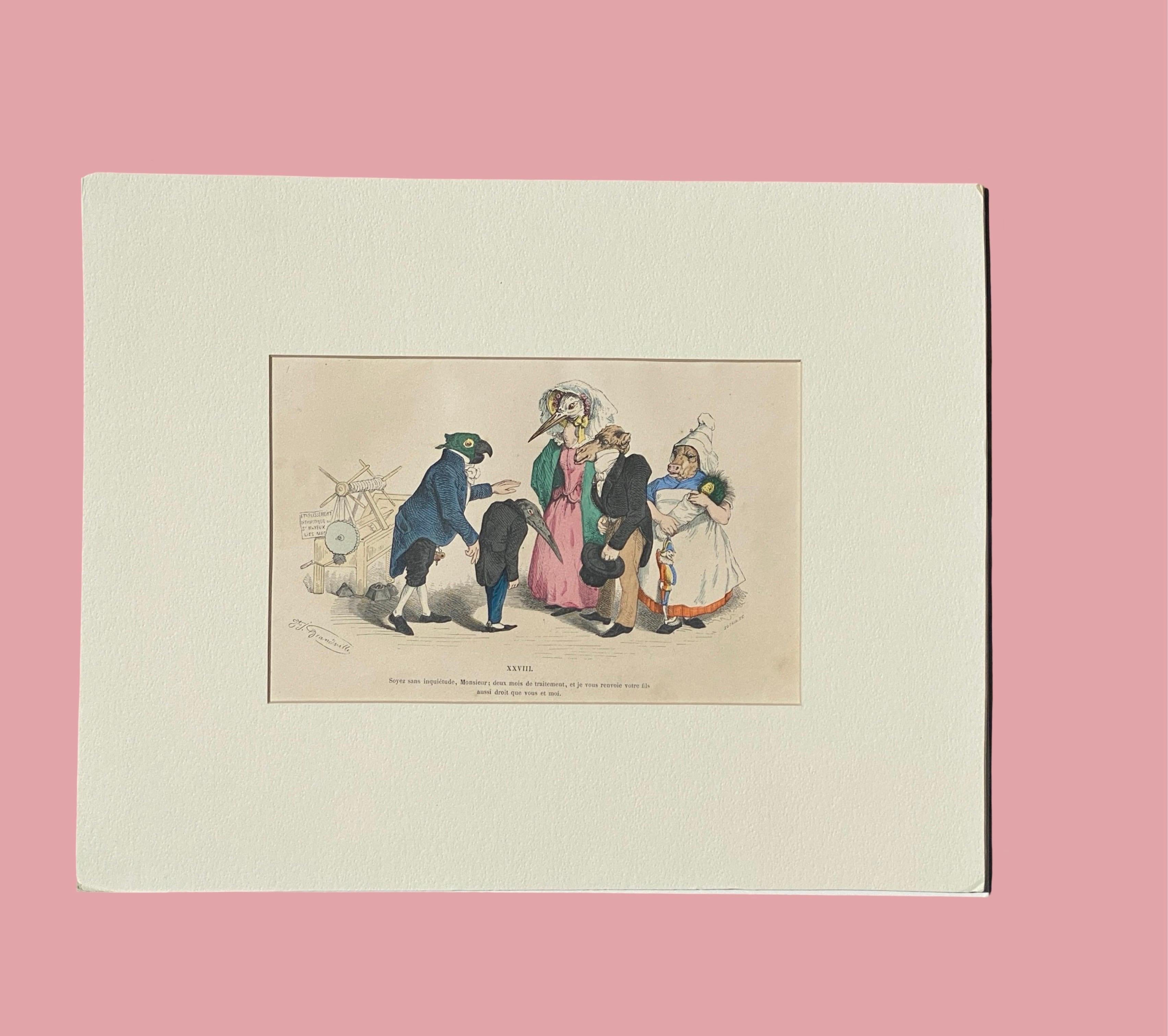 Surrealistische, handkolorierte Tiergravur auf Kupferplatte mit Kupferstich von Granville, Paris 1875 im Angebot 2