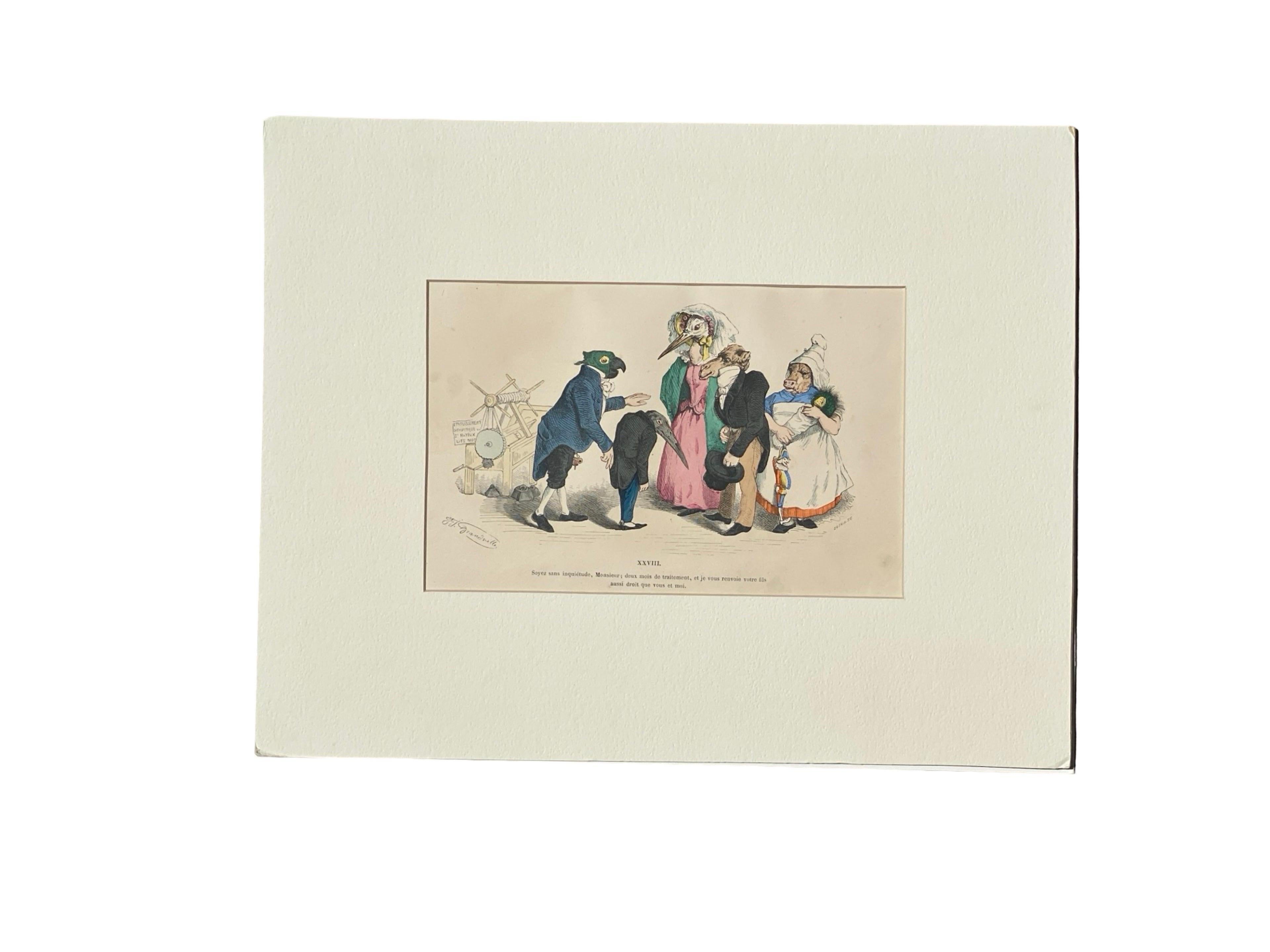 Surrealistische, handkolorierte Tiergravur auf Kupferplatte mit Kupferstich von Granville, Paris 1875 im Angebot 3