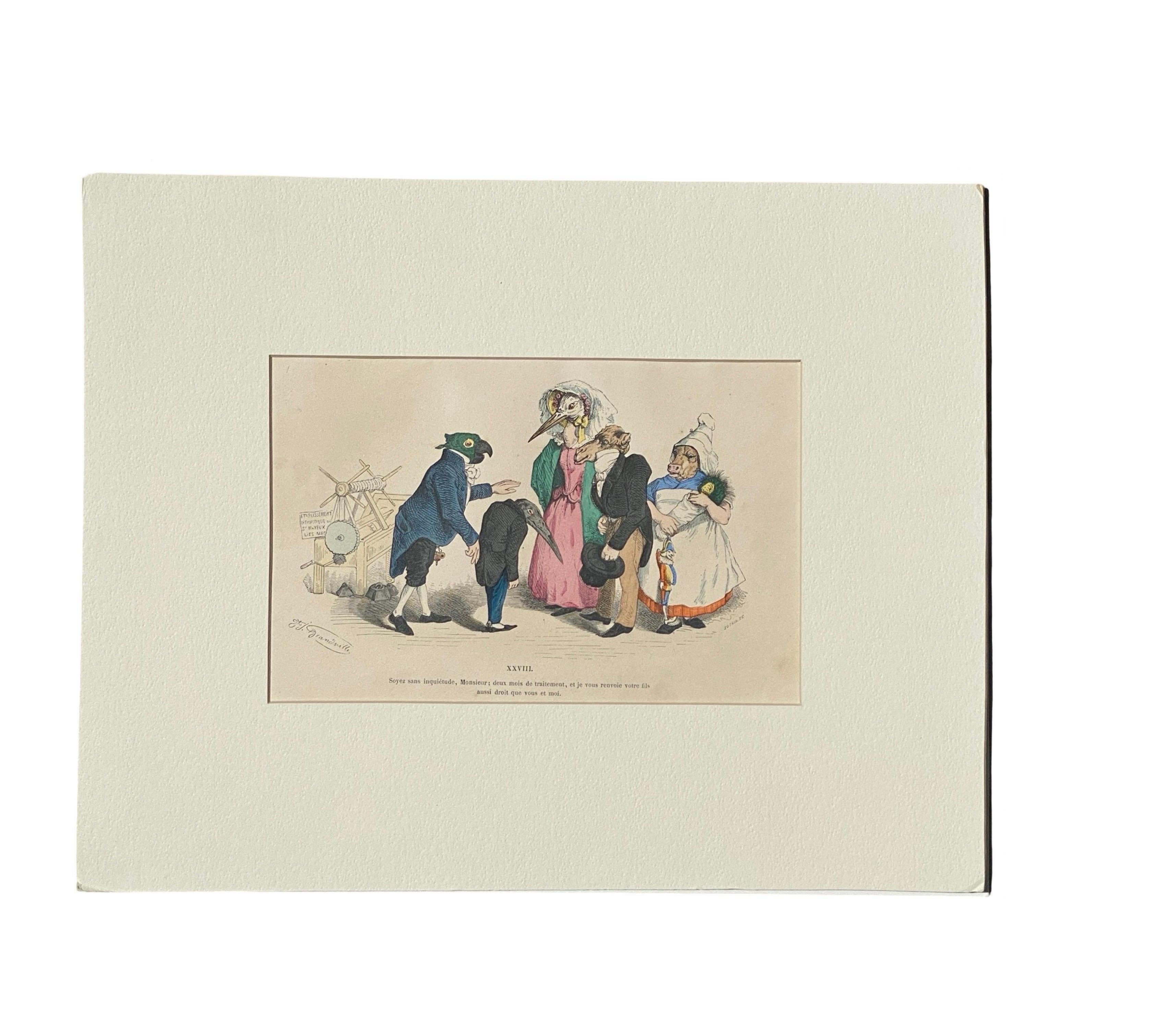 Surrealistische, handkolorierte Tiergravur auf Kupferplatte mit Kupferstich von Granville, Paris 1875 im Angebot 4