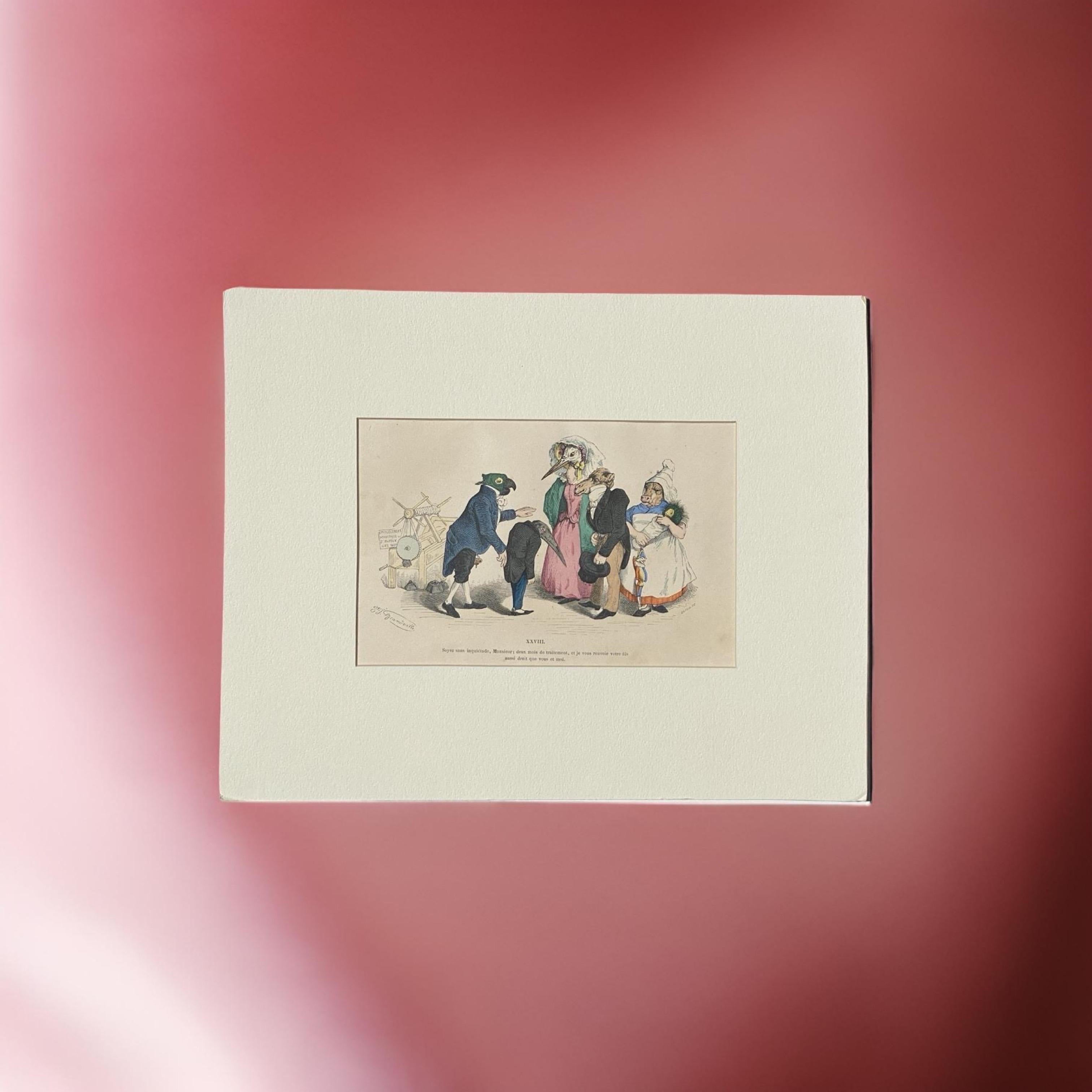 Surrealistische, handkolorierte Tiergravur auf Kupferplatte mit Kupferstich von Granville, Paris 1875 im Angebot 5