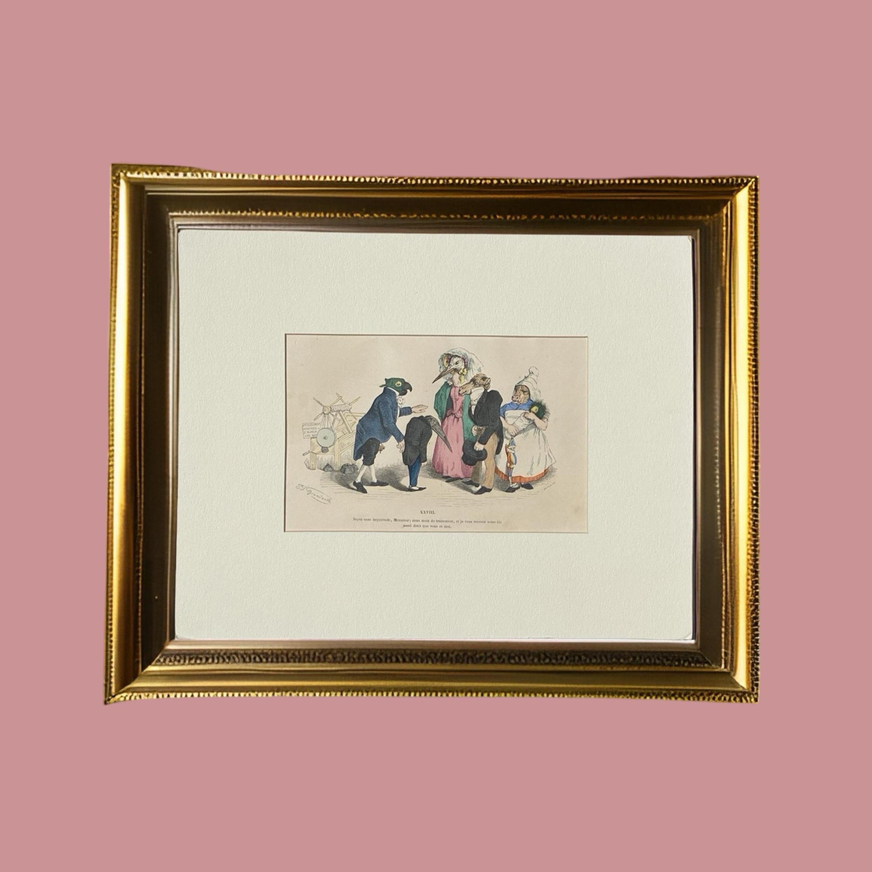 Surrealistische, handkolorierte Tiergravur auf Kupferplatte mit Kupferstich von Granville, Paris 1875 im Angebot 7