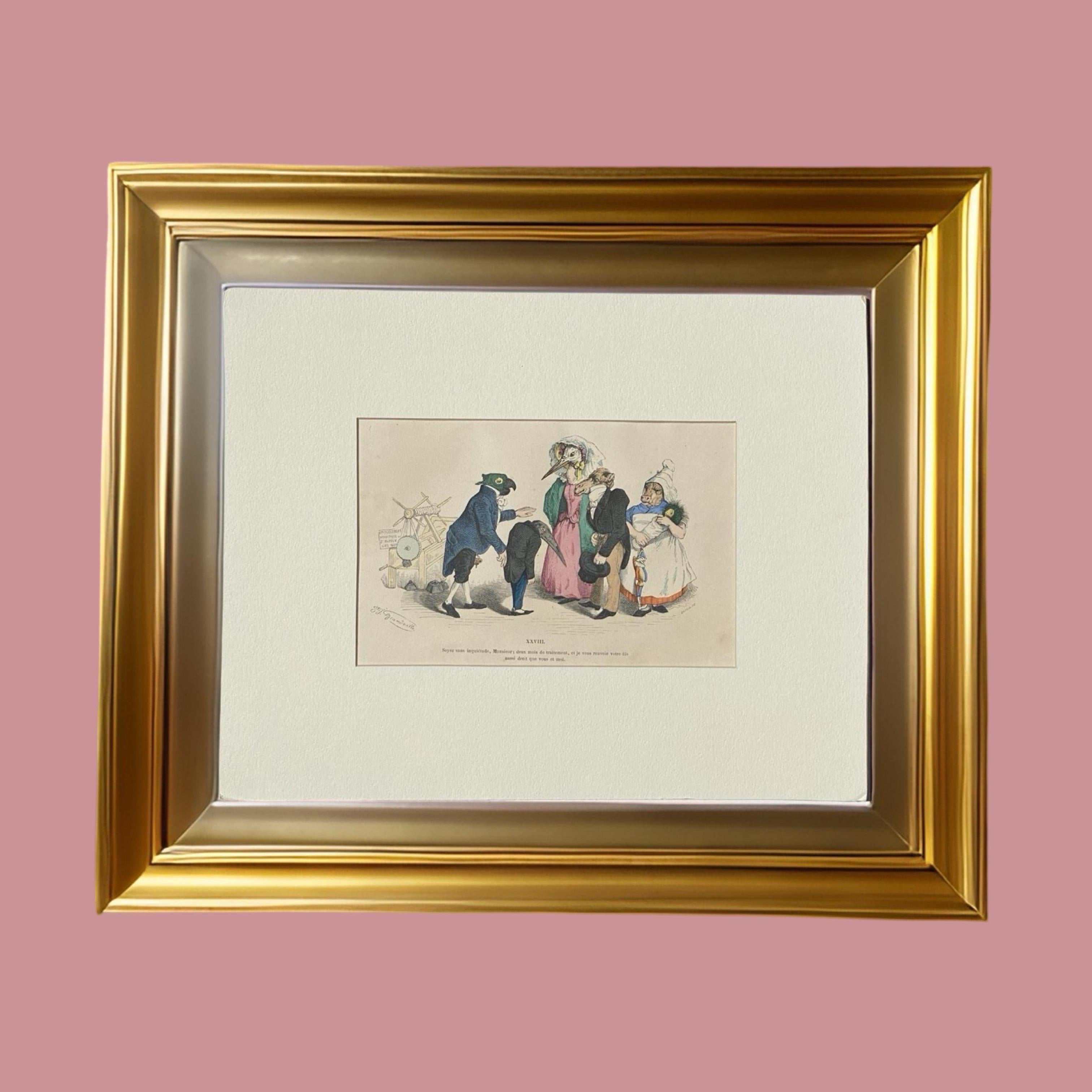 Surrealistische, handkolorierte Tiergravur auf Kupferplatte mit Kupferstich von Granville, Paris 1875 im Angebot 8