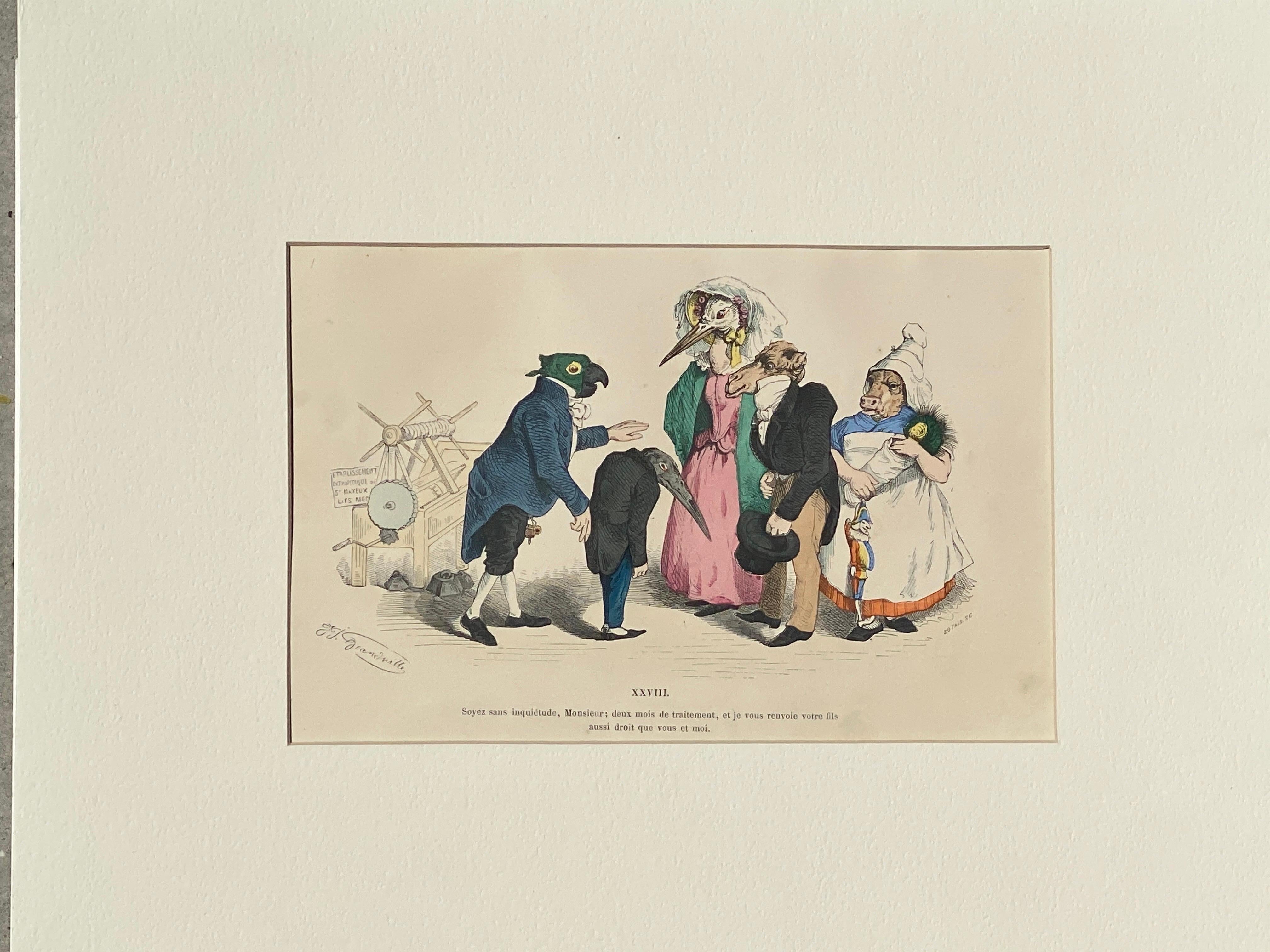 Original handkolorierter Kupferstich. Gedruckt in Paris, um 1875.

Teller: XXV111

Titel: Soyez sans inquiétude, Mousieur ; deux mois de traitement, et je vous renvoie votre fils aussi droit que vois et moi.

Ungerahmt. 
14.50