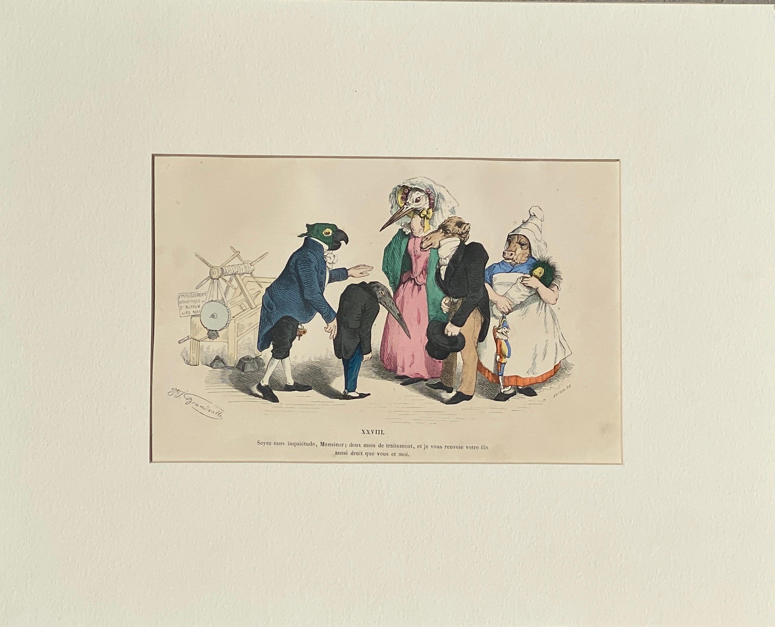 Surrealistische, handkolorierte Tiergravur auf Kupferplatte mit Kupferstich von Granville, Paris 1875 (Art nouveau) im Angebot