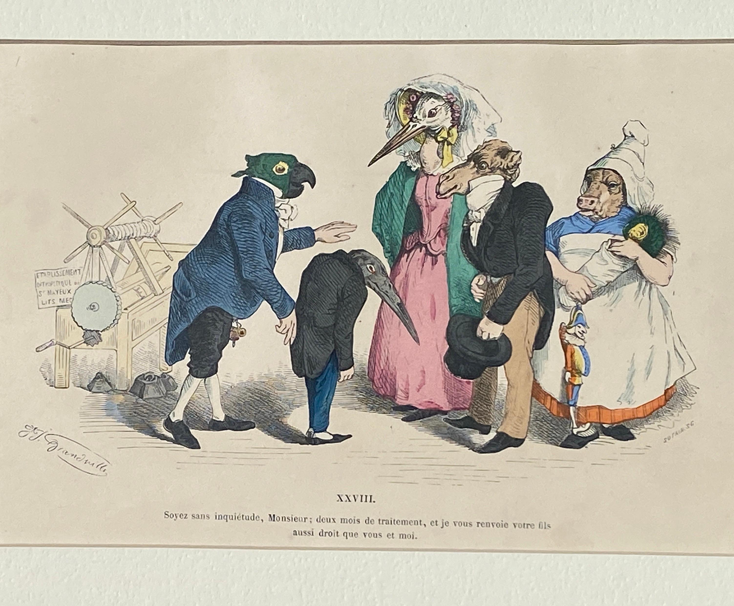 Surrealistische, handkolorierte Tiergravur auf Kupferplatte mit Kupferstich von Granville, Paris 1875 (Französisch) im Angebot