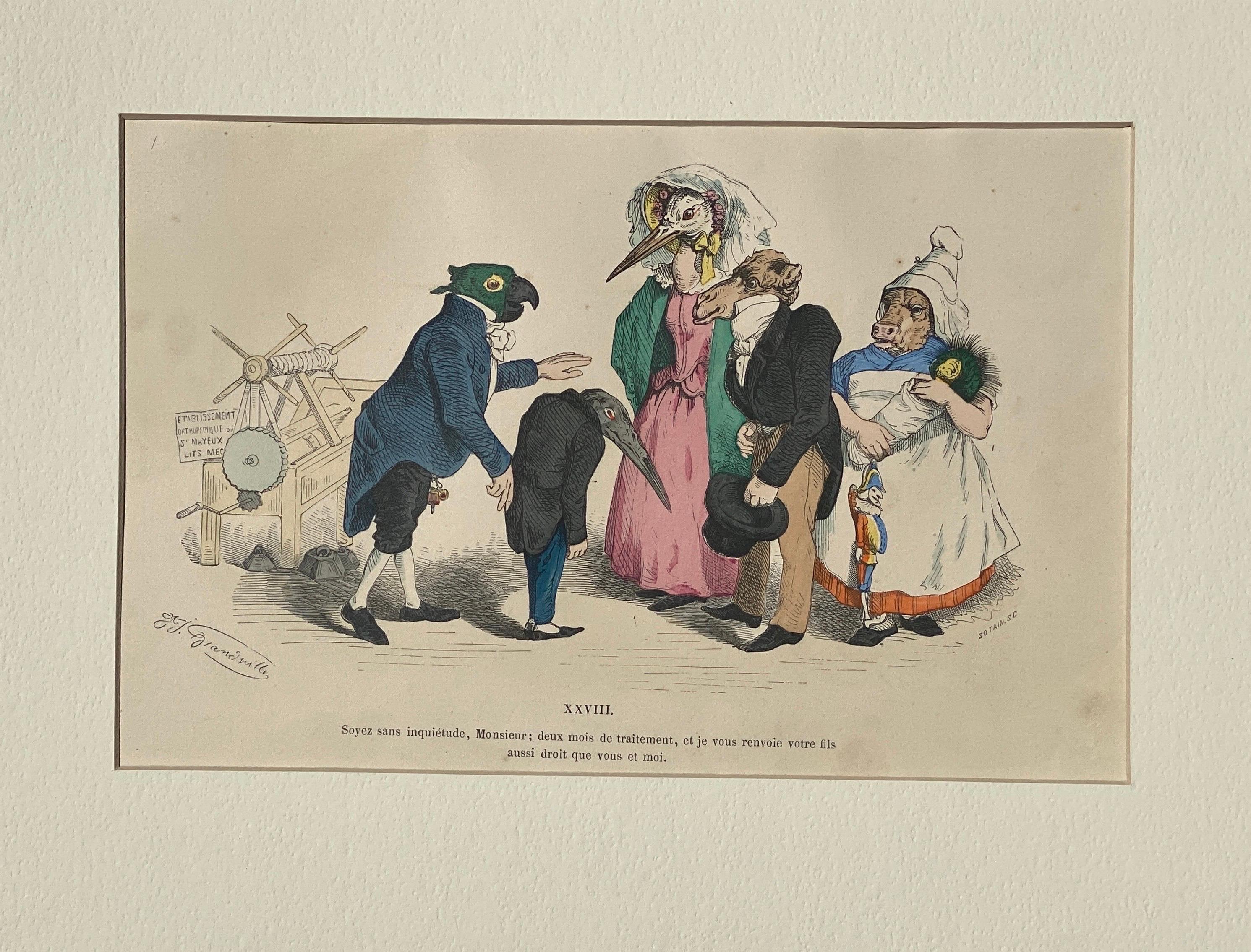 Surrealistische, handkolorierte Tiergravur auf Kupferplatte mit Kupferstich von Granville, Paris 1875 (Handgefertigt) im Angebot