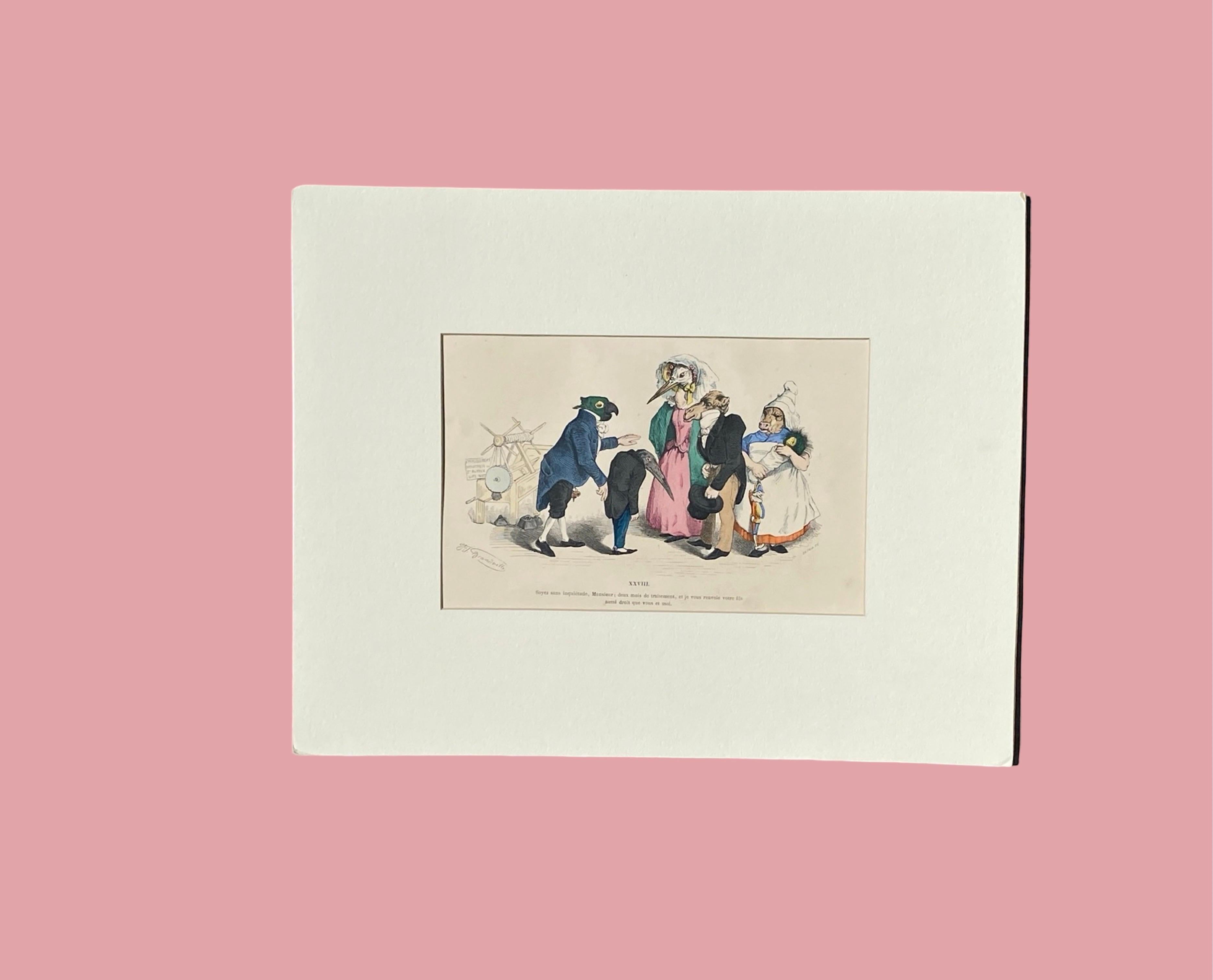 Surrealistische, handkolorierte Tiergravur auf Kupferplatte mit Kupferstich von Granville, Paris 1875 im Zustand „Gut“ im Angebot in Palm Springs, CA