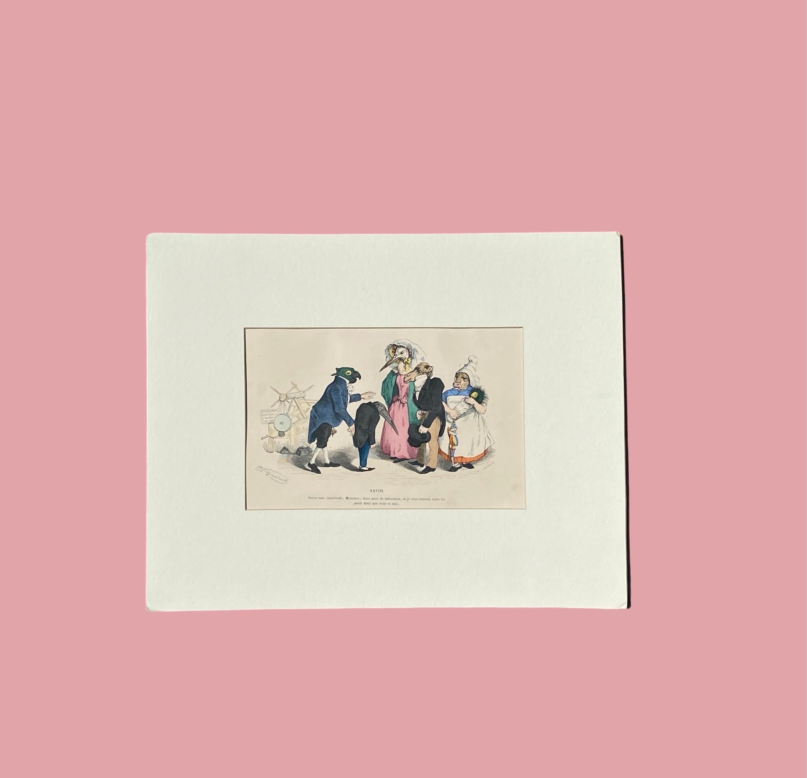 Surrealistische, handkolorierte Tiergravur auf Kupferplatte mit Kupferstich von Granville, Paris 1875 (19. Jahrhundert) im Angebot