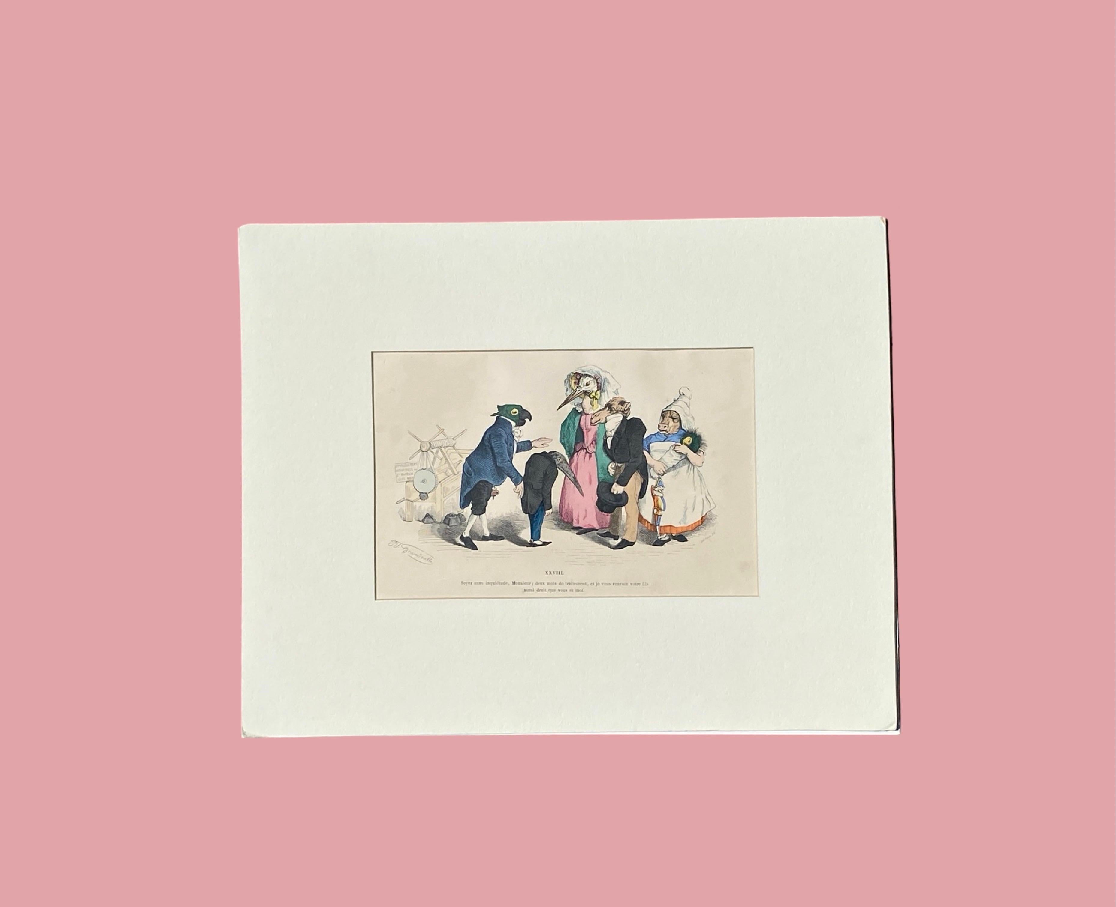 Surrealistische, handkolorierte Tiergravur auf Kupferplatte mit Kupferstich von Granville, Paris 1875 (Papier) im Angebot