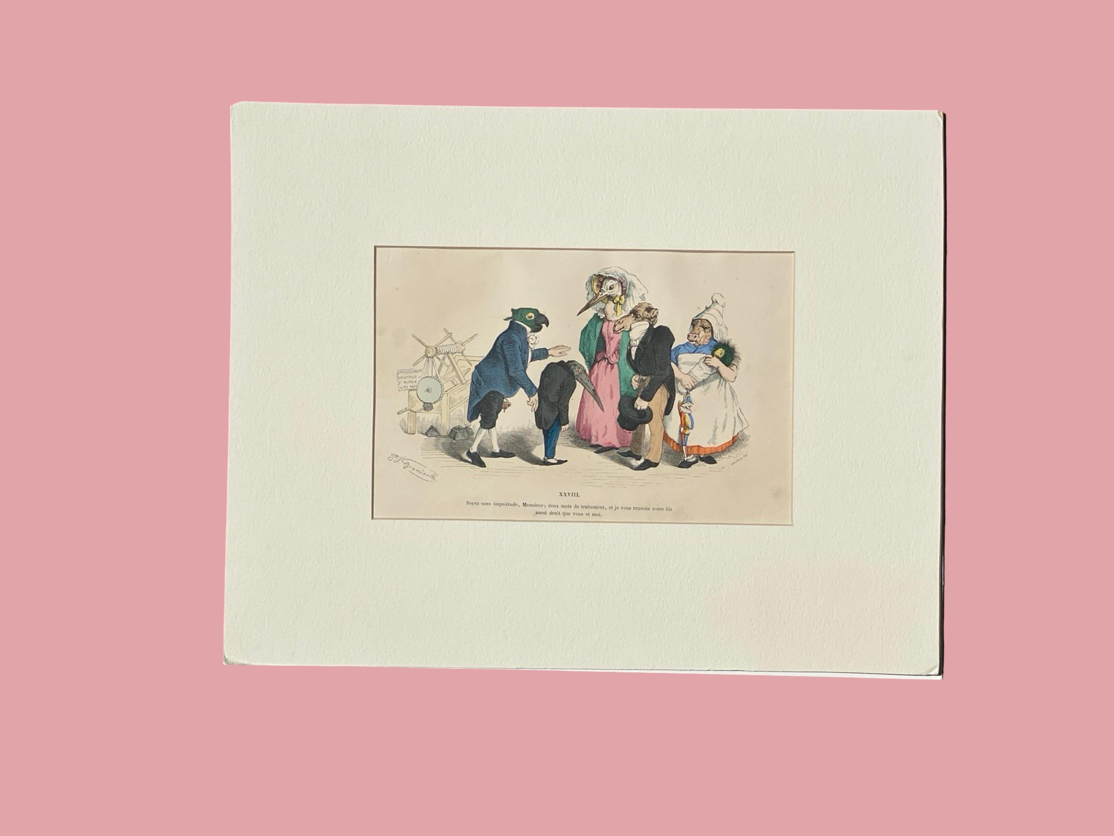 Surrealistische, handkolorierte Tiergravur auf Kupferplatte mit Kupferstich von Granville, Paris 1875 im Angebot 1