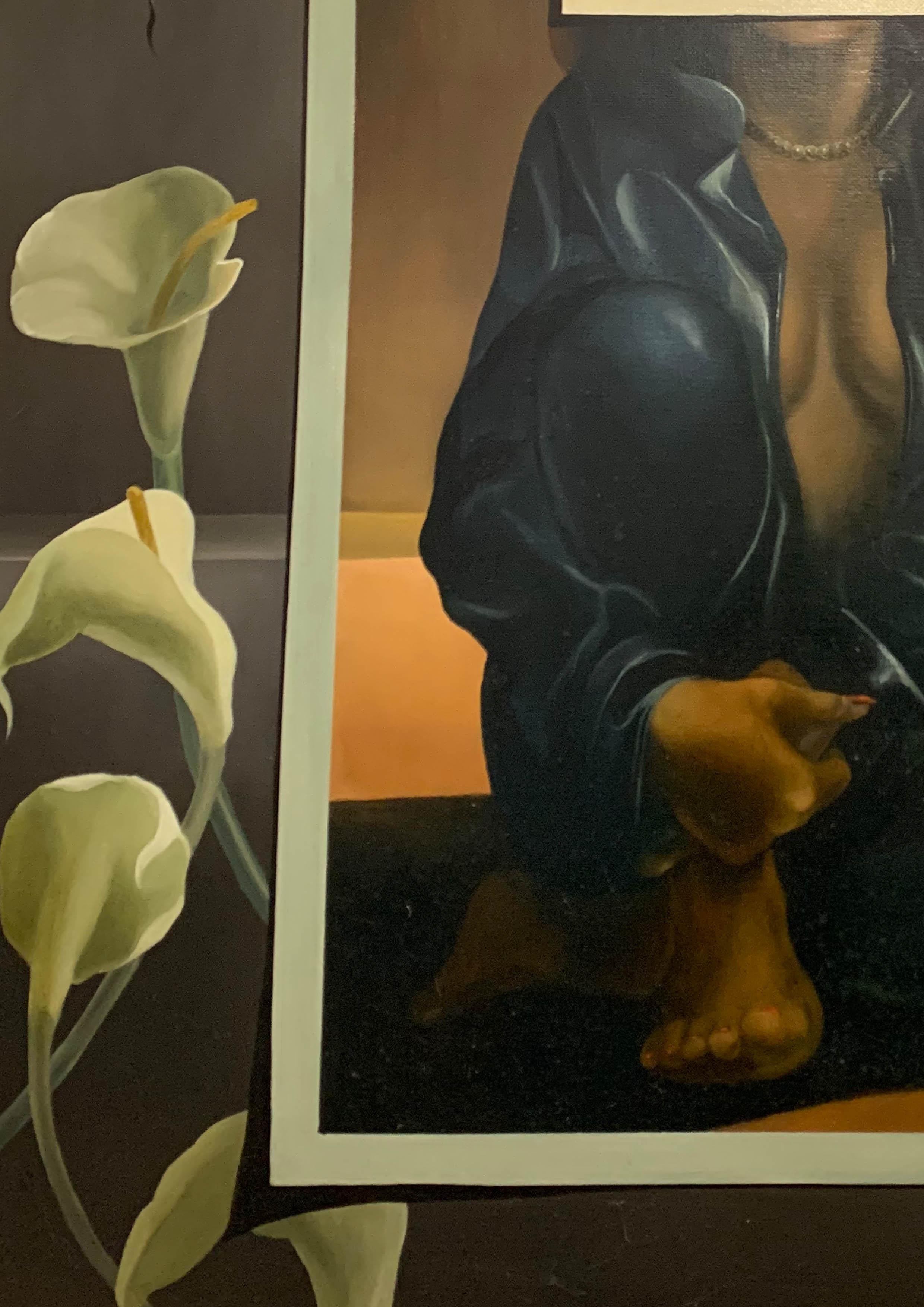 Surrealistisches Kunstwerk, Öl auf Leinwand des britischen Künstlers John Voss, „Lilies“, 1987 (Britisch) im Angebot