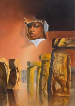 Surrealist Artwork Oil on Canvas by British Artist John Voss "Stone Columns"