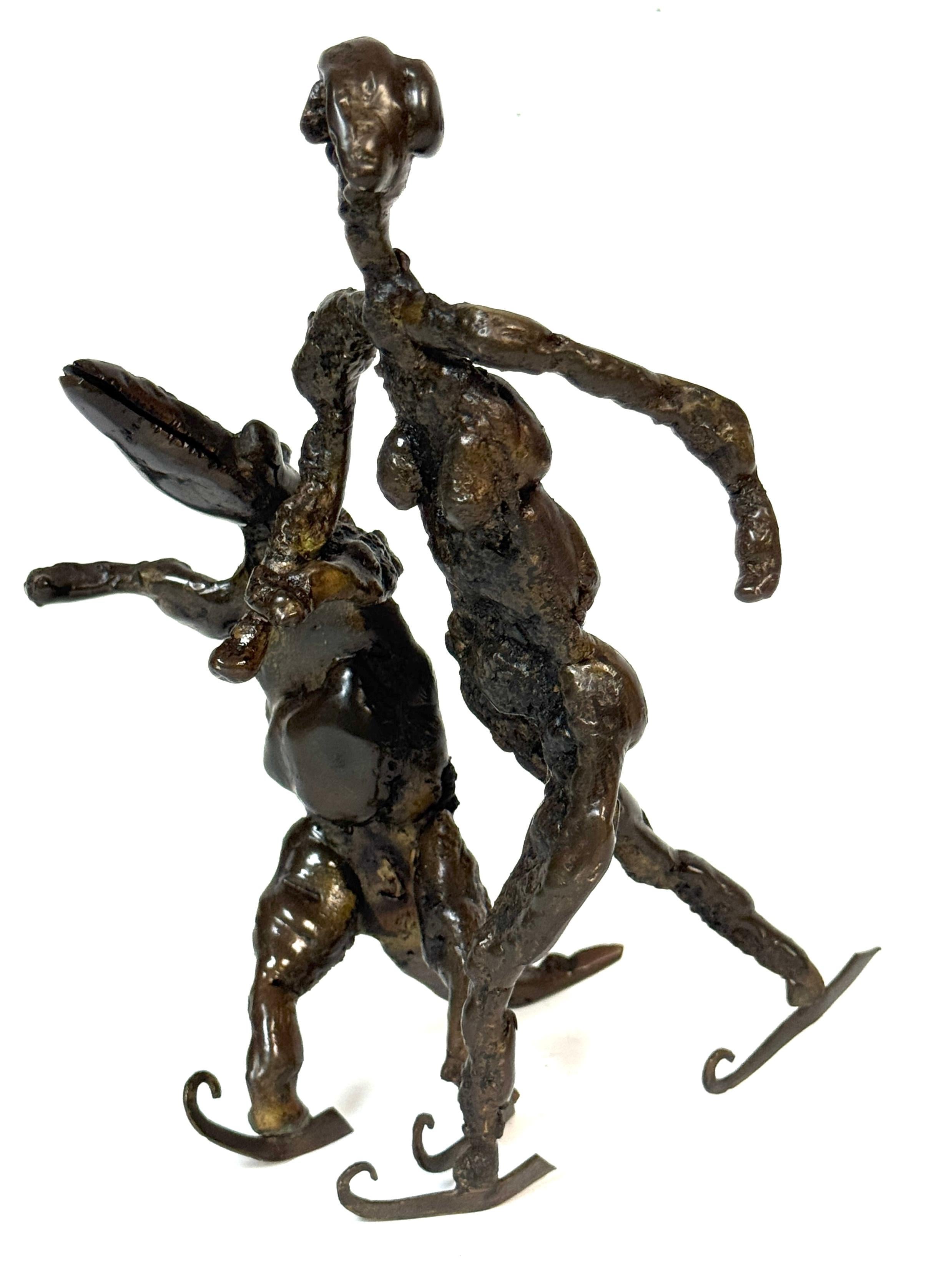Surrealist Bronze Sculpture of a Woman and Alligator on Skates For Sale 3