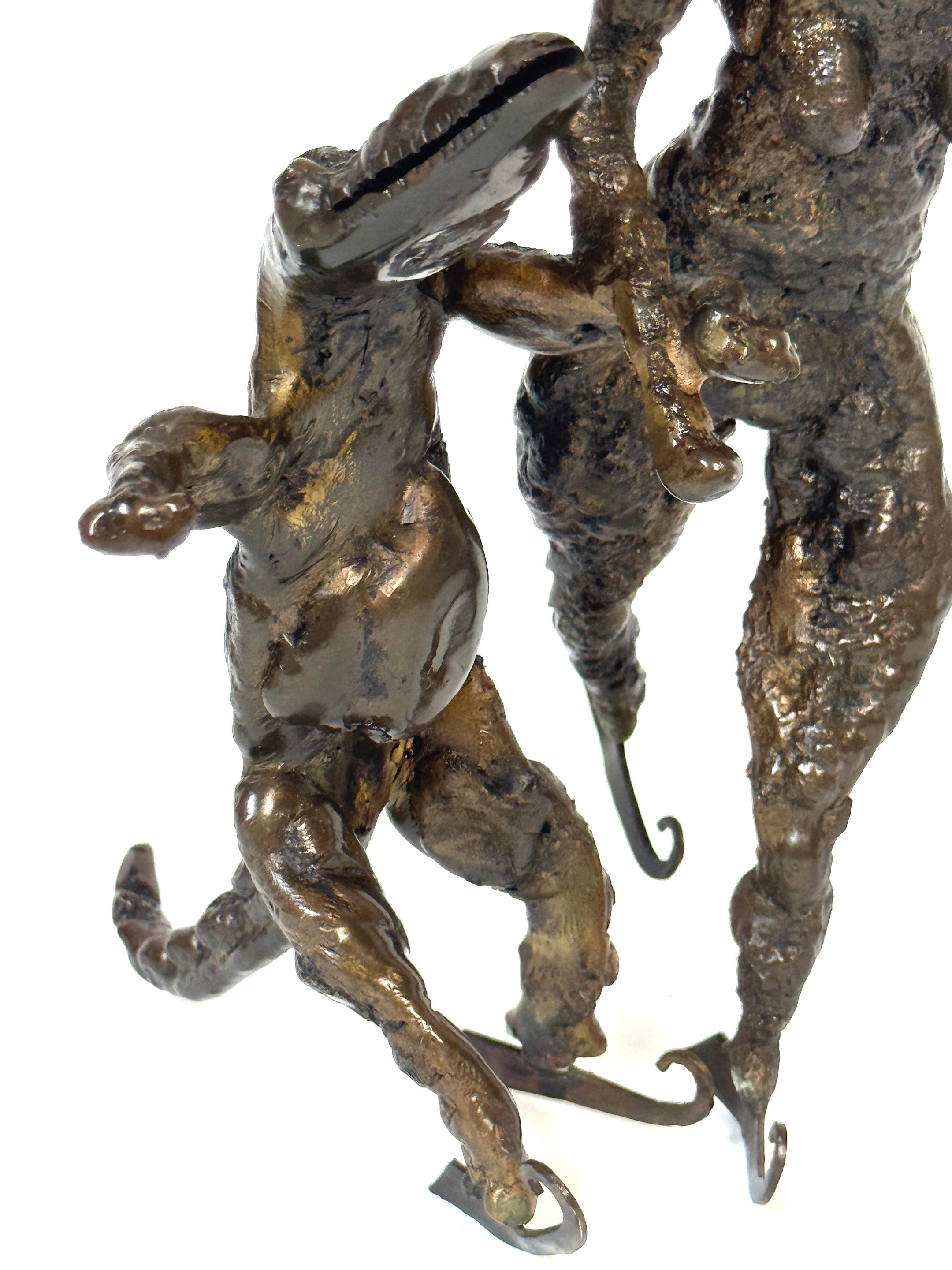 European Surrealist Bronze Sculpture of a Woman and Alligator on Skates For Sale