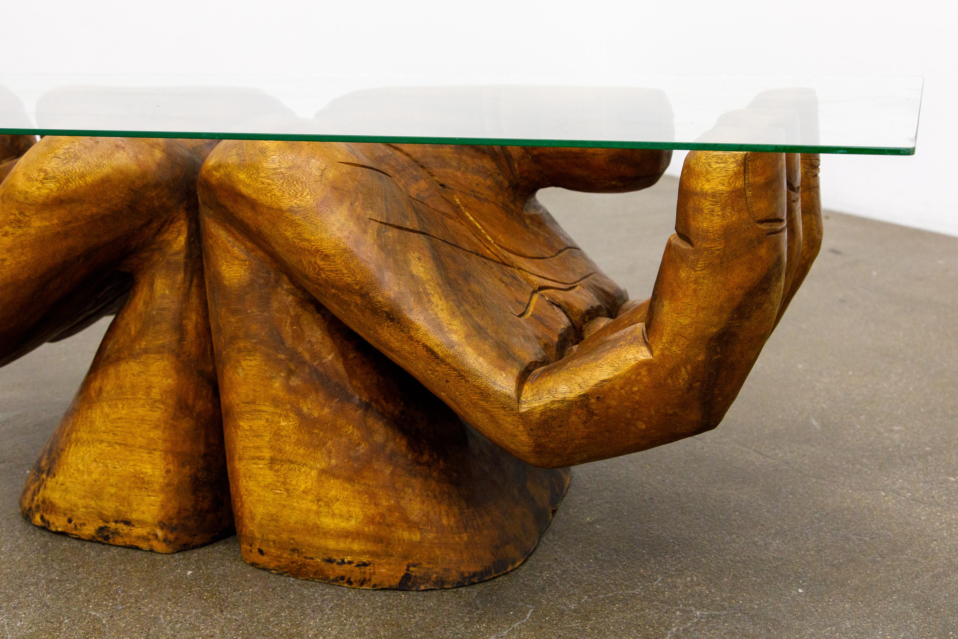 Surrealist Carved Wood Double Hands Coffee Table, circa 1970s 2