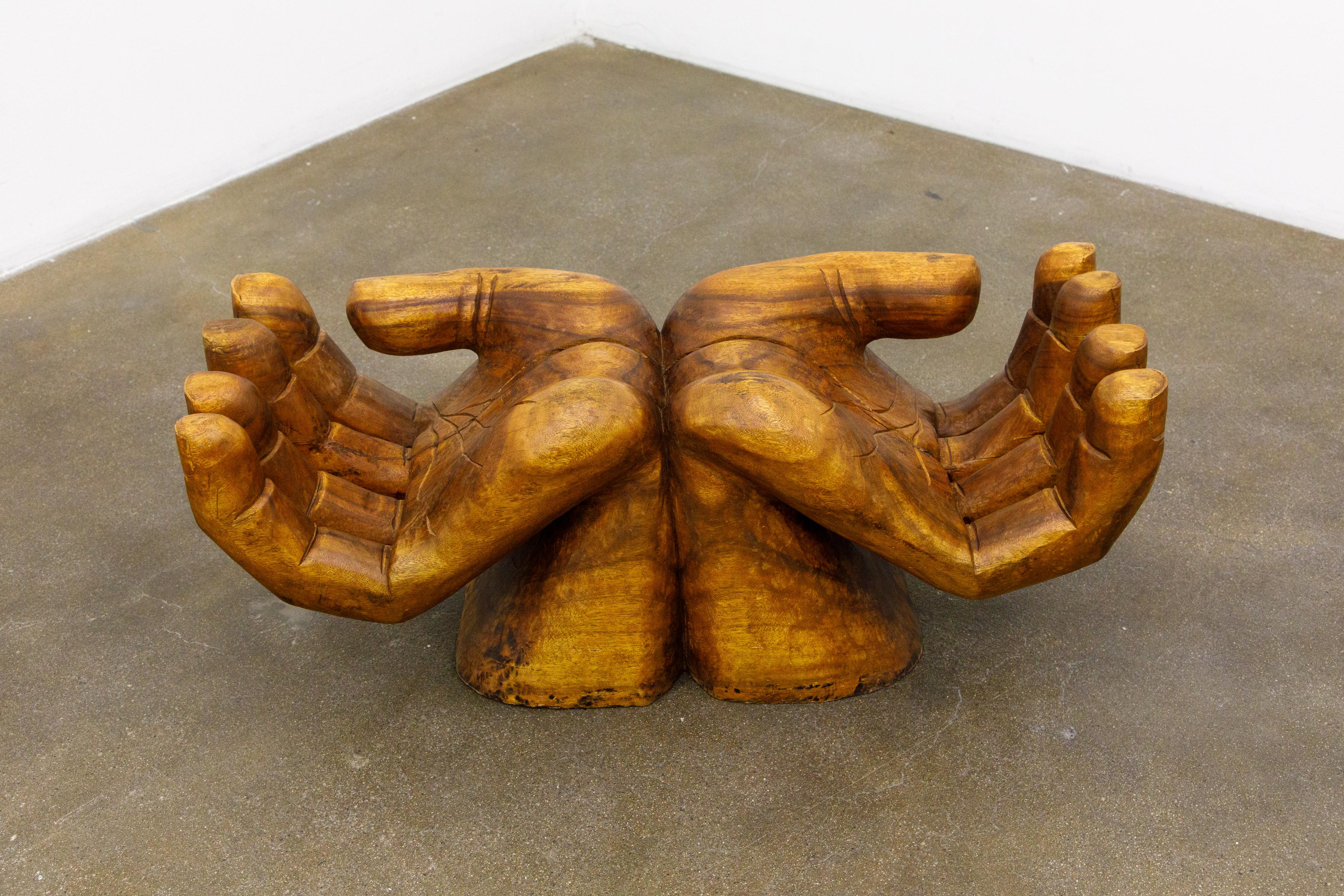 Surrealist Carved Wood Double Hands Coffee Table, circa 1970s 4