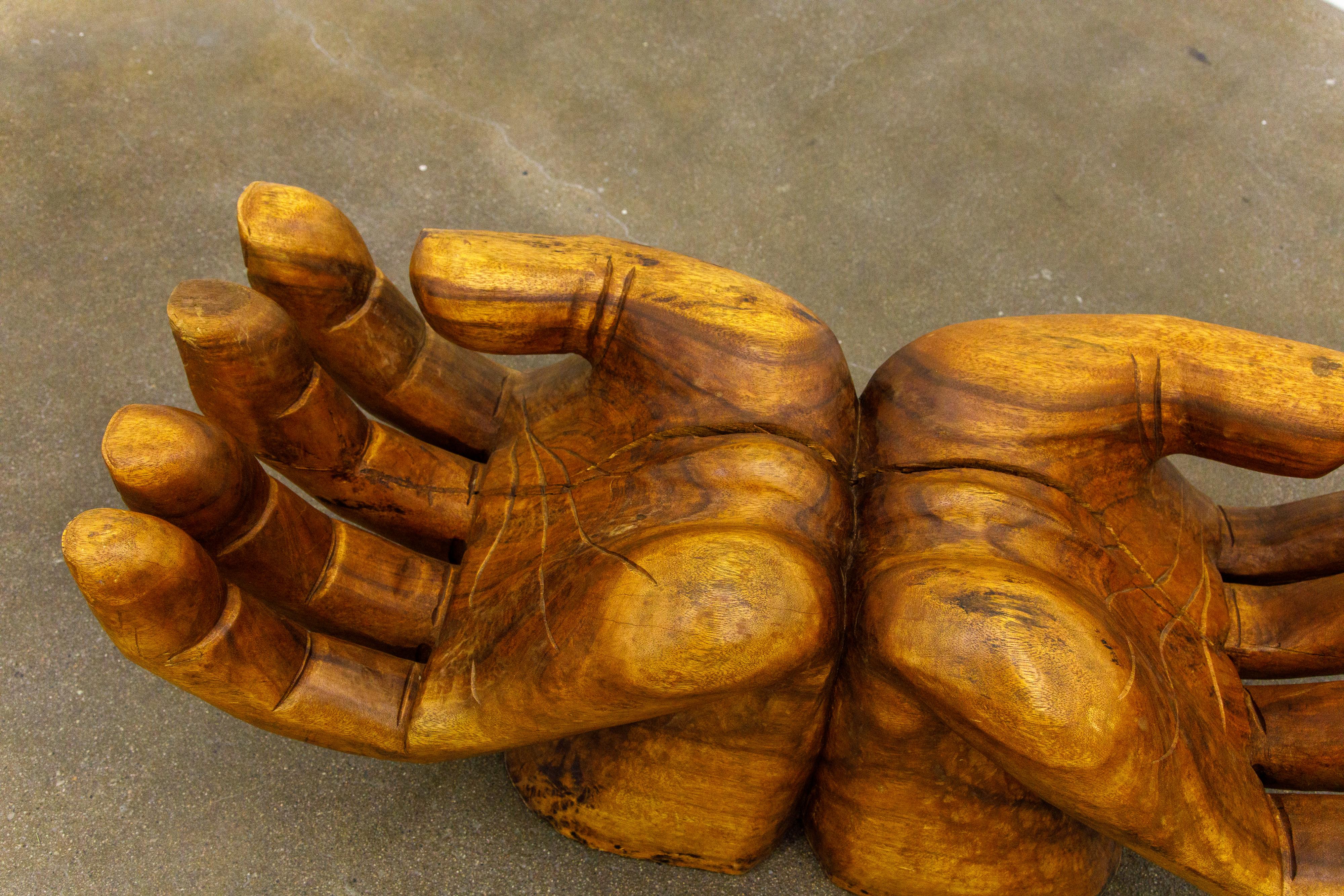 Surrealist Carved Wood Double Hands Coffee Table, circa 1970s 7