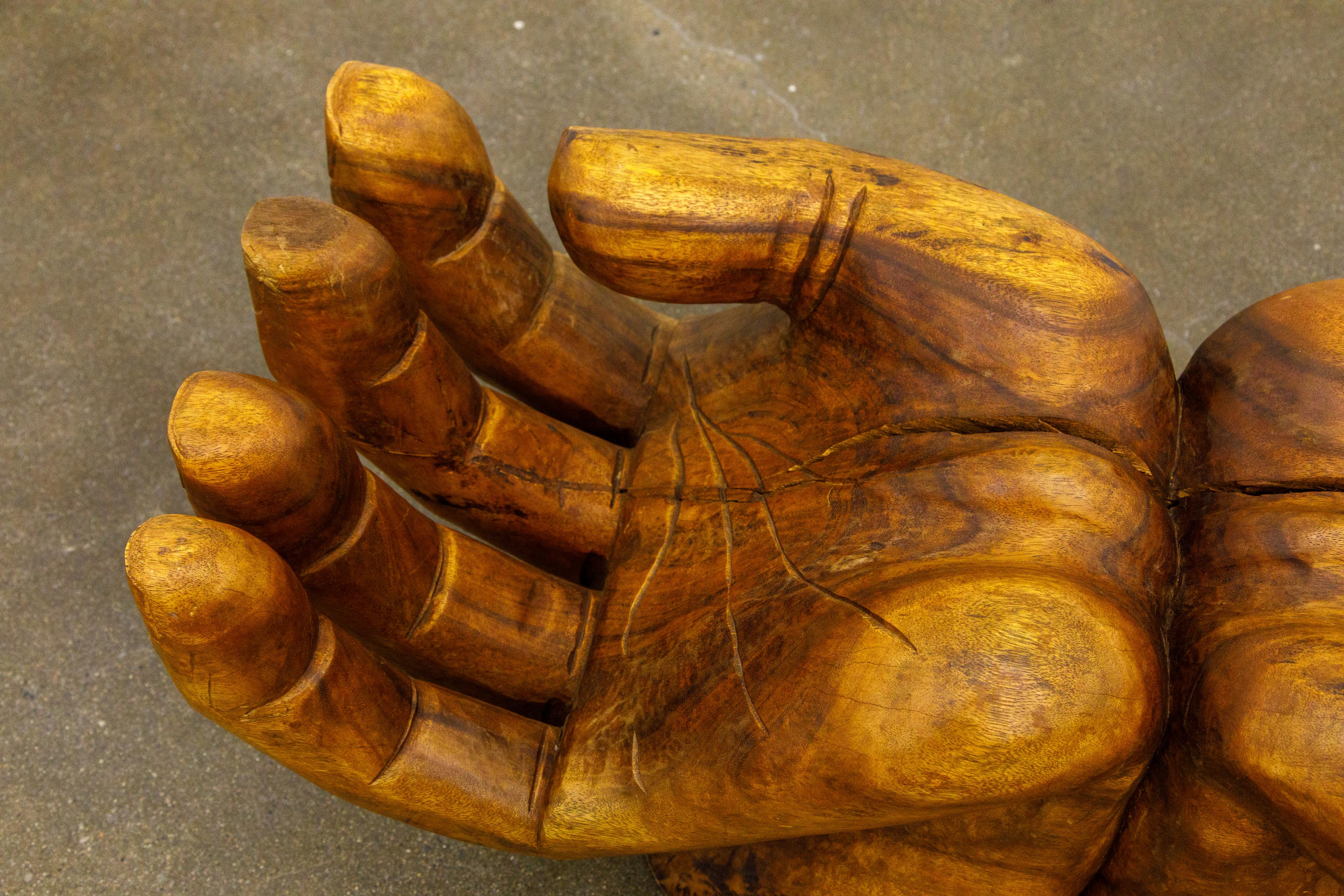 Surrealist Carved Wood Double Hands Coffee Table, circa 1970s 8