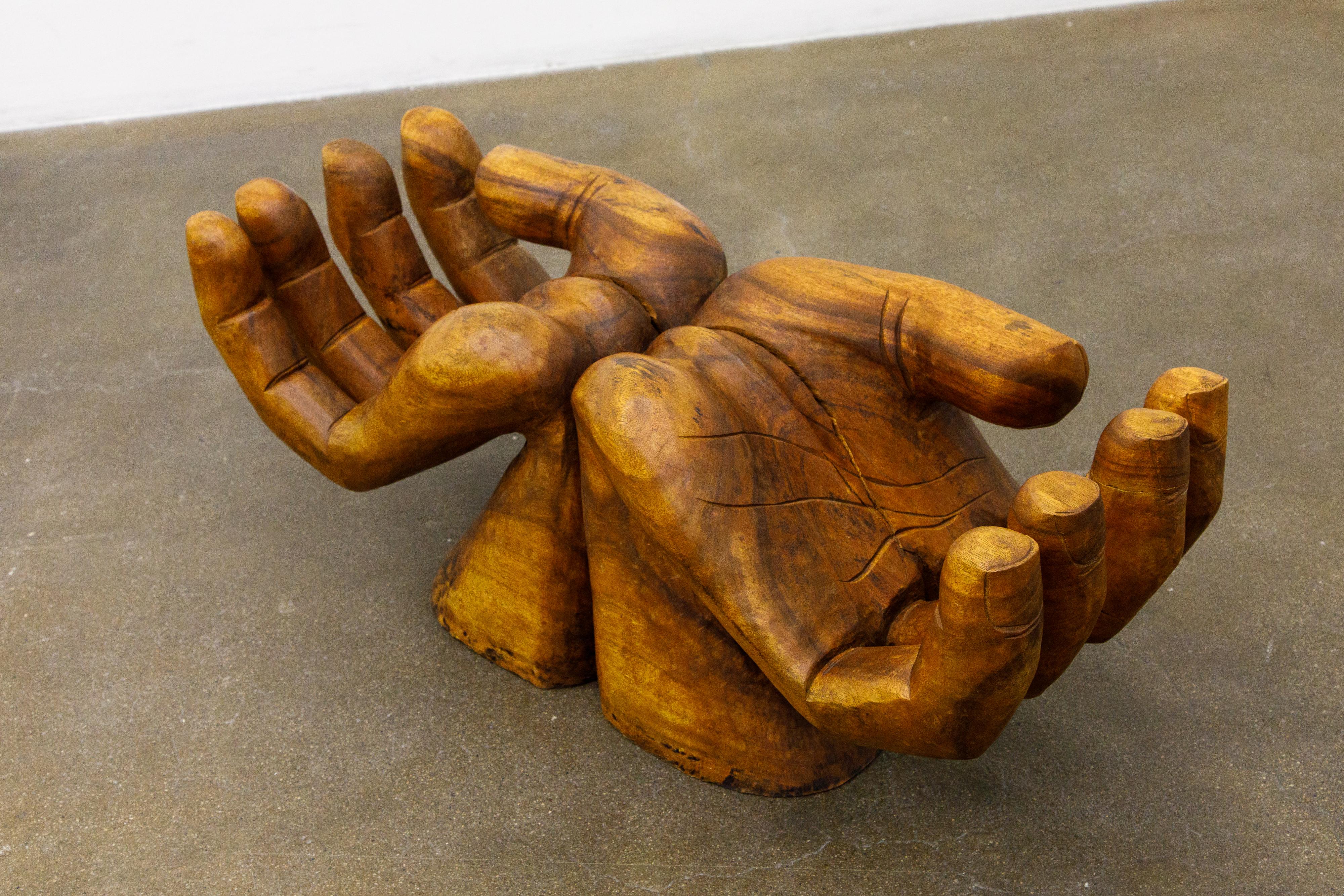 Surrealist Carved Wood Double Hands Coffee Table, circa 1970s 10