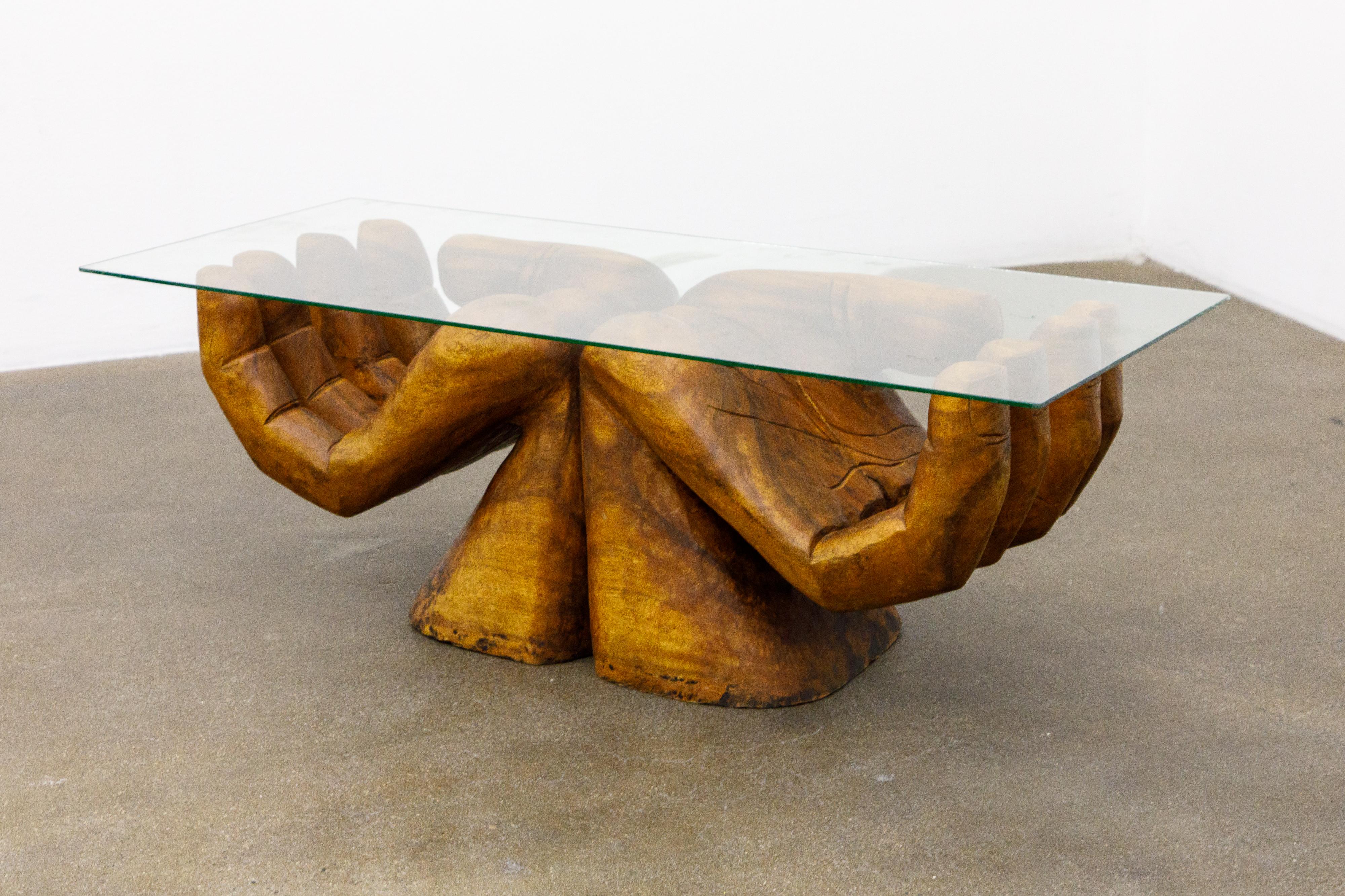 Modern Surrealist Carved Wood Double Hands Coffee Table, circa 1970s