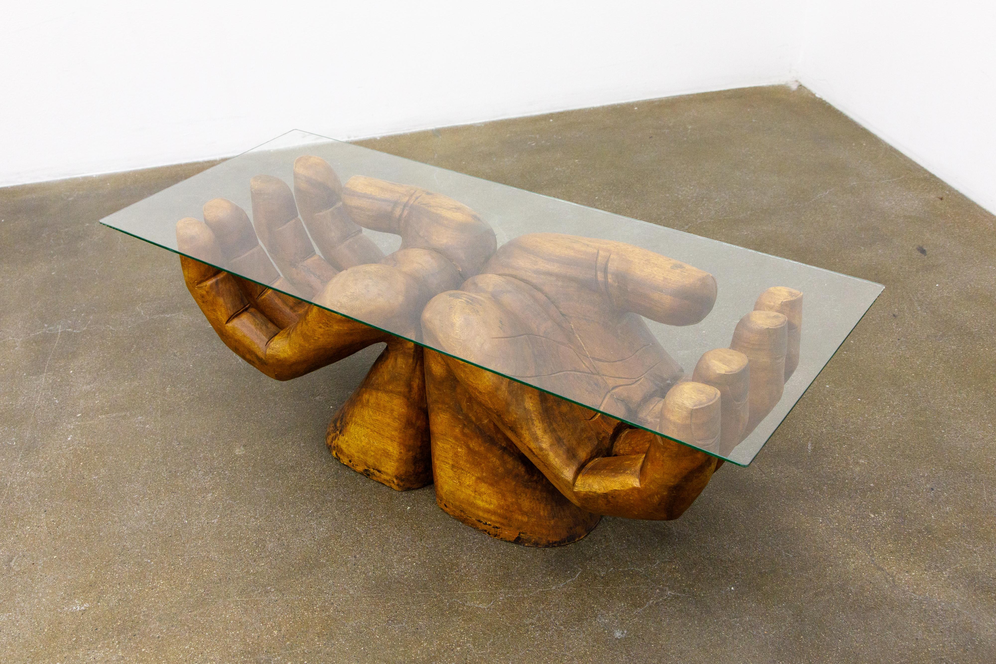 American Surrealist Carved Wood Double Hands Coffee Table, circa 1970s