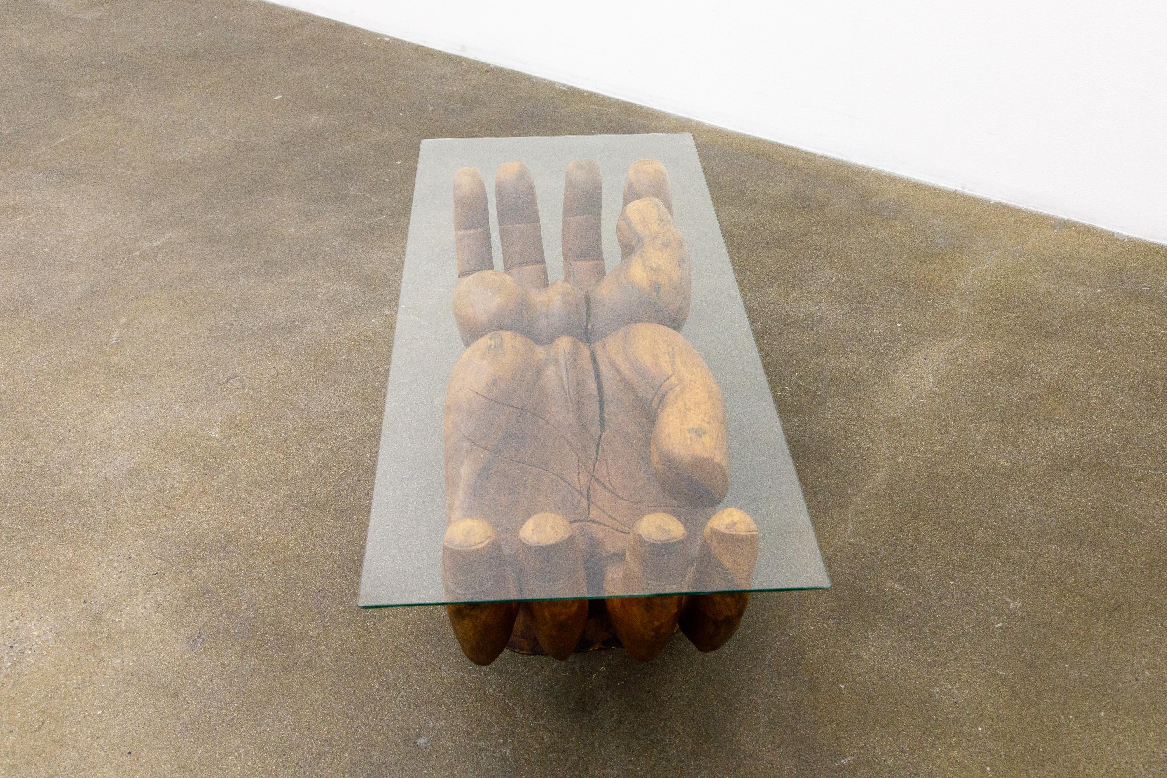 Late 20th Century Surrealist Carved Wood Double Hands Coffee Table, circa 1970s