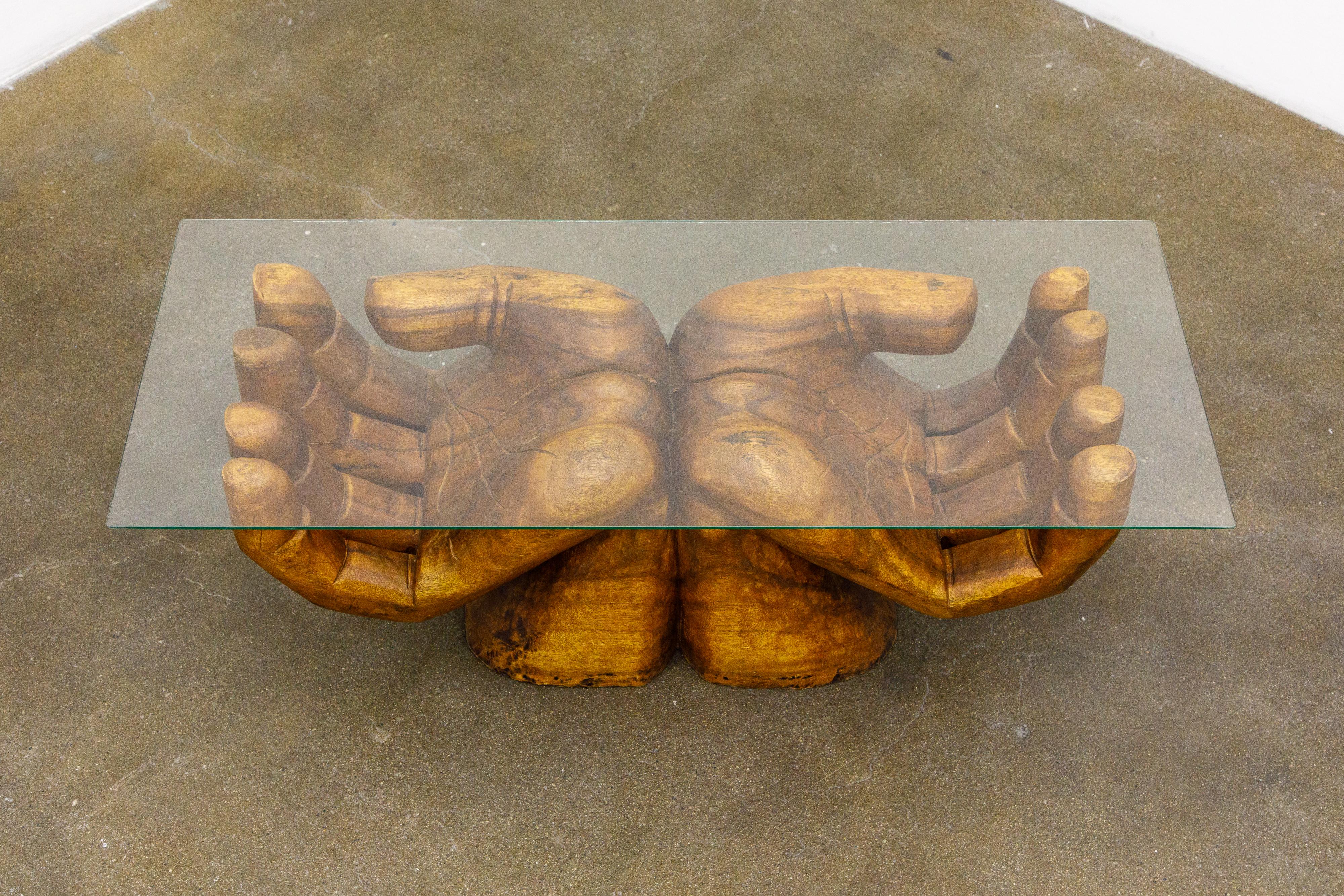Glass Surrealist Carved Wood Double Hands Coffee Table, circa 1970s