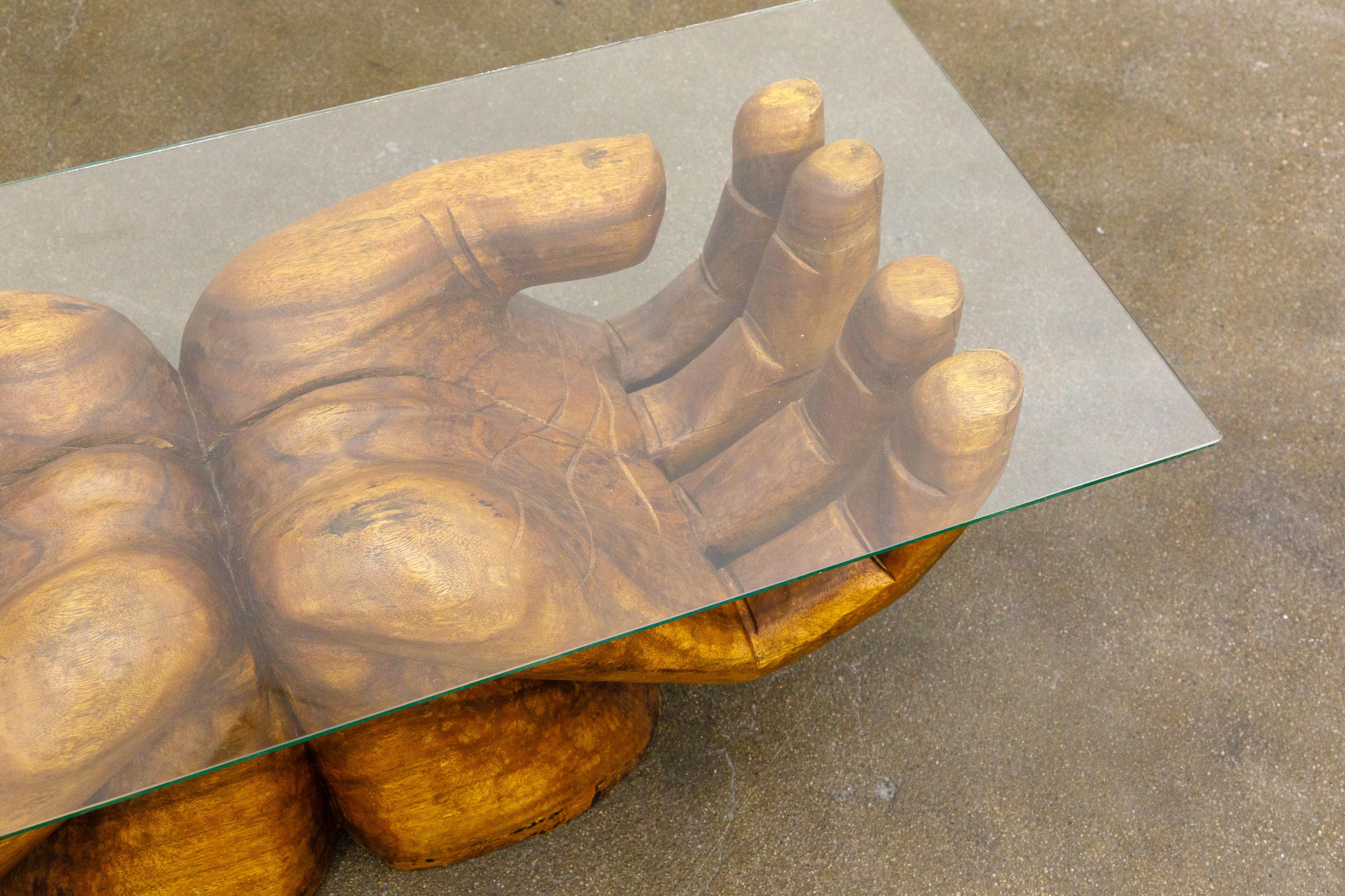 Surrealist Carved Wood Double Hands Coffee Table, circa 1970s 1